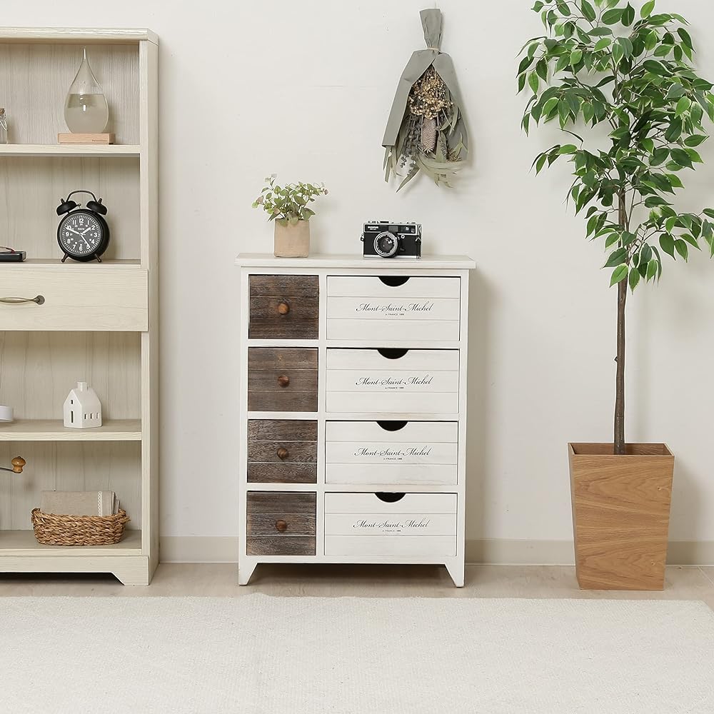 Fuji Boeki Chest of drawers 4 tiers Width 52cm x Depth 32.5 x Height 71cm White wash Storage shelf 8 drawers Antique Country style Finished product Michelle 38046
