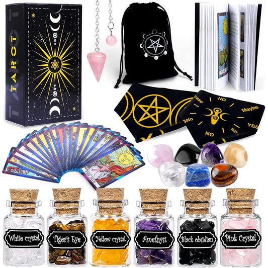 24 Piece Tarot Cards with Guidebook, 1 Deck of 78 Cards, 12 Mini Crystal Jars, 7 Chakra Stones, 1 Spirit Pendulum, 1 Cross, 1 Earth Goddess Pendulum Mat, 1 Velvet Bag