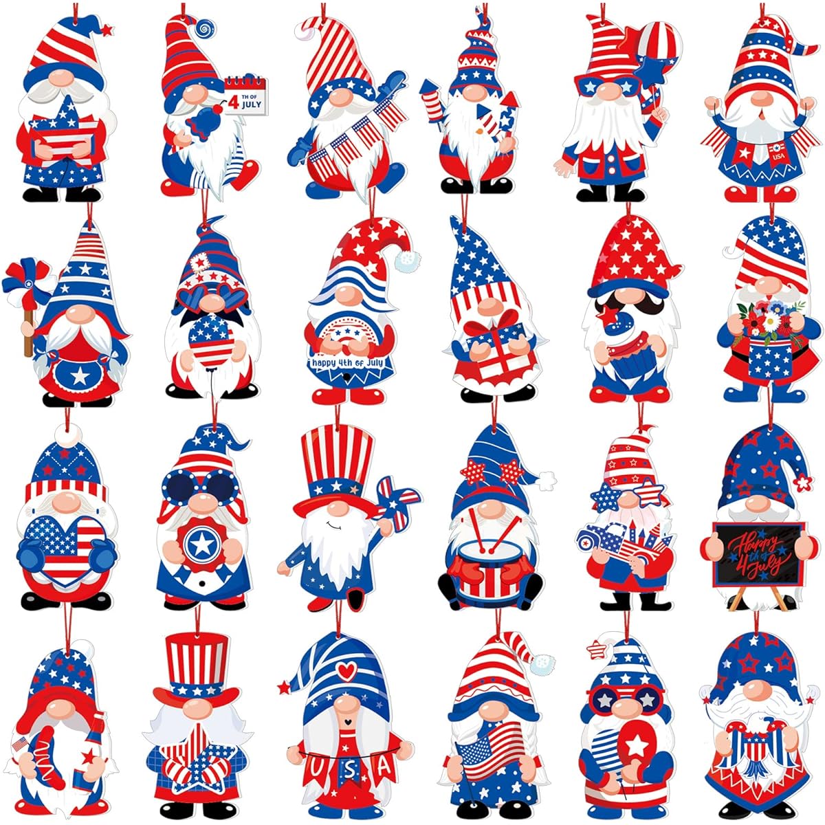 Tradder 48pcs Independence Day Gnome Ornaments Star Hanging Plush Felt Gnome Elf Pendants with Rope for Independence Day Party Decorations Banner Home Family