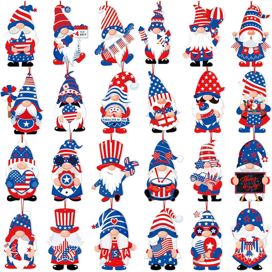 Tradder 48pcs Independence Day Gnome Ornaments Star Hanging Plush Felt Gnome Elf Pendants with Rope for Independence Day Party Decorations Banner Home Family