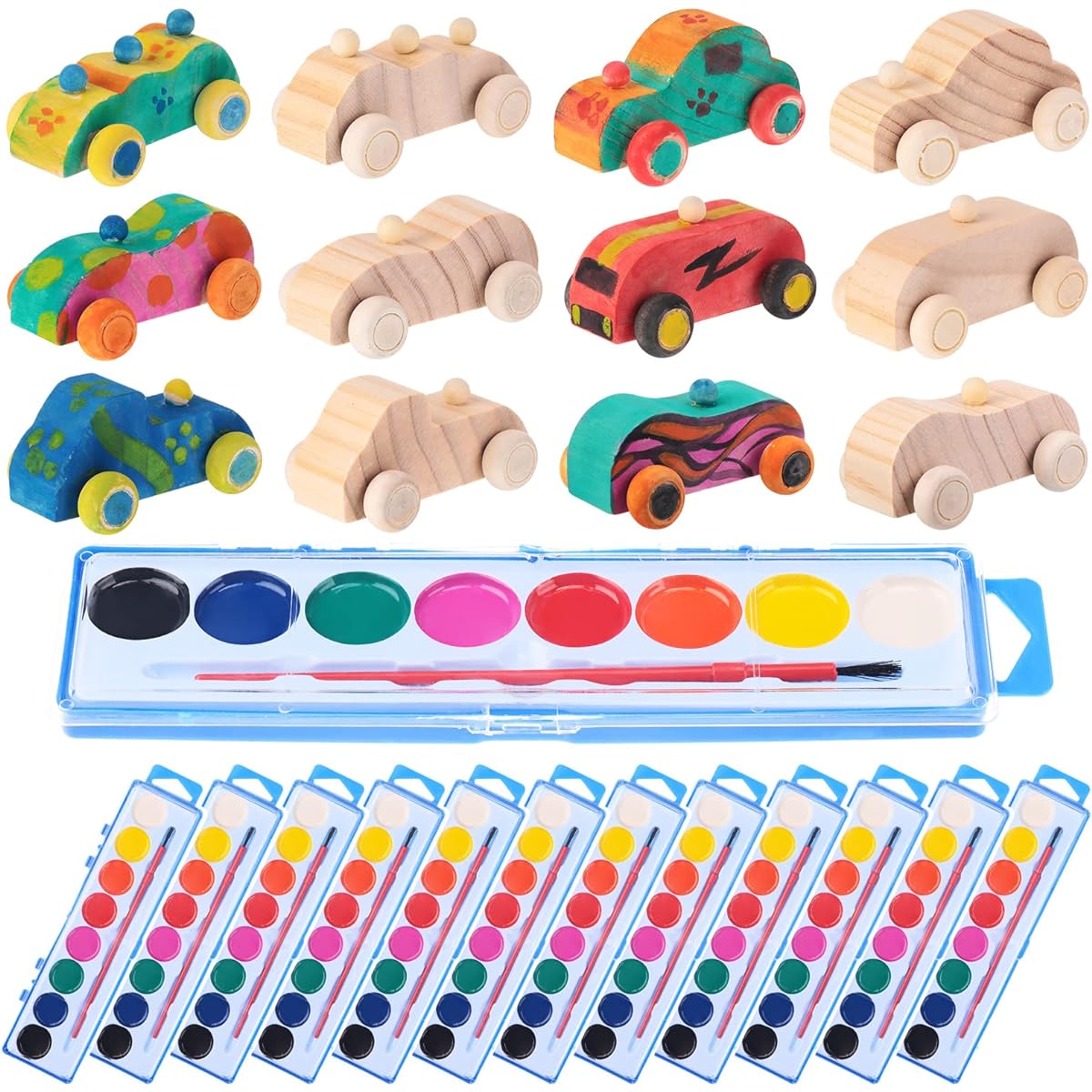 Leitee 24 Sets Unfinished Paintable Wooden Cars DIY Toys with Watercolor Paints Wooden Toys Cars Woodworking School Family Arts Home Crafts Party Favors Activities