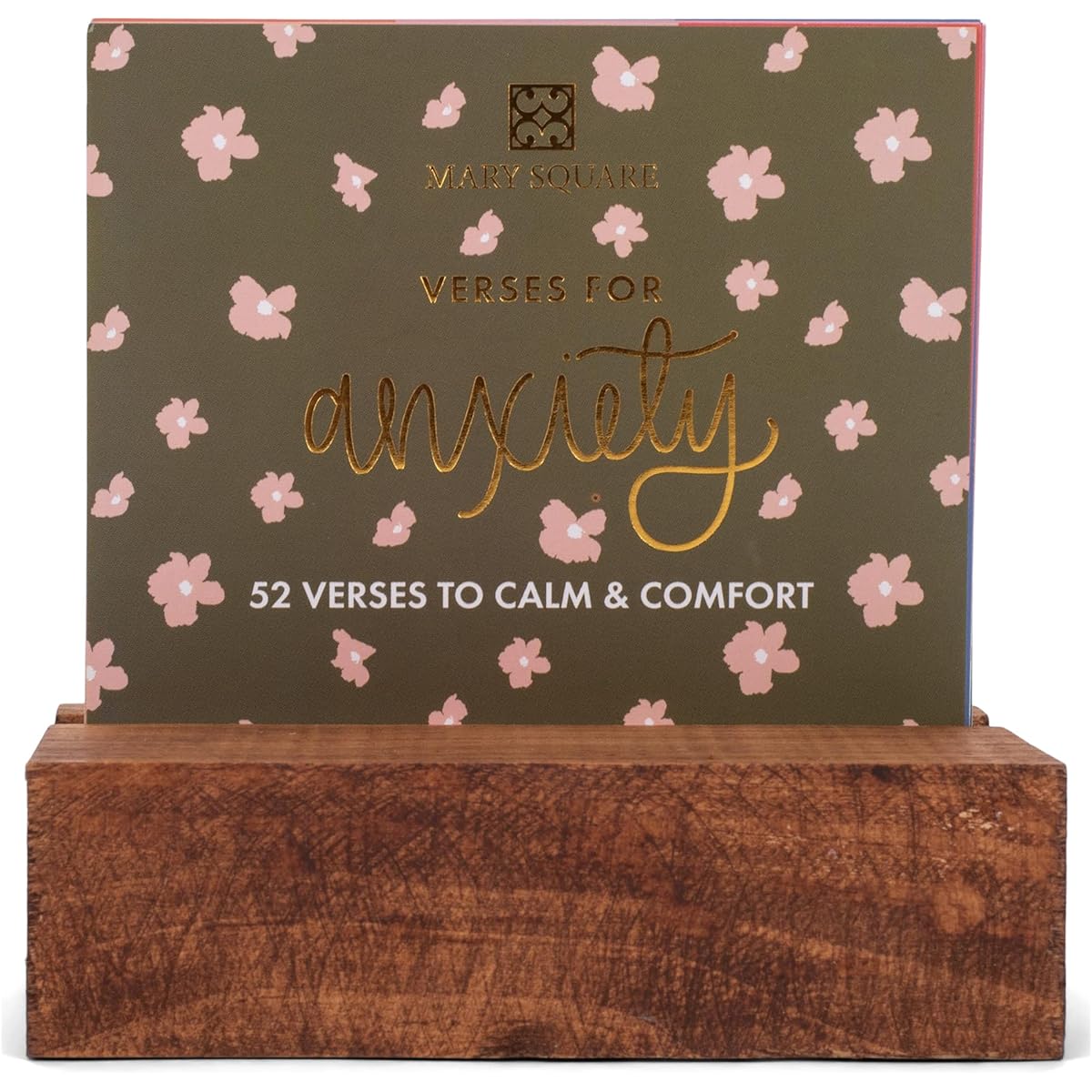 Mary Square Green Floral Anxiety Calm Comfort 4.75 x 2 Wood Bible Block Card and Holder