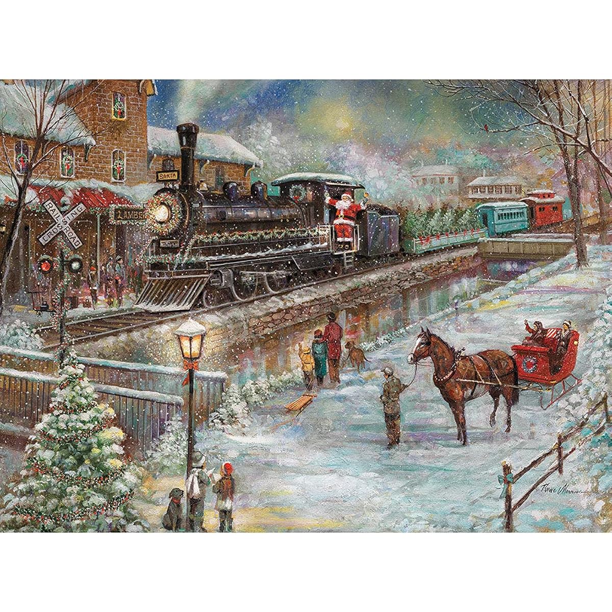 Bits and Pieces - 300 Piece Jigsaw Puzzle for Adults 18" x 24" - Christmas Train to Lambertville - 300 Piece Horses Winter Holiday Santa Snow Jigsaw Artist: Ruane Manning