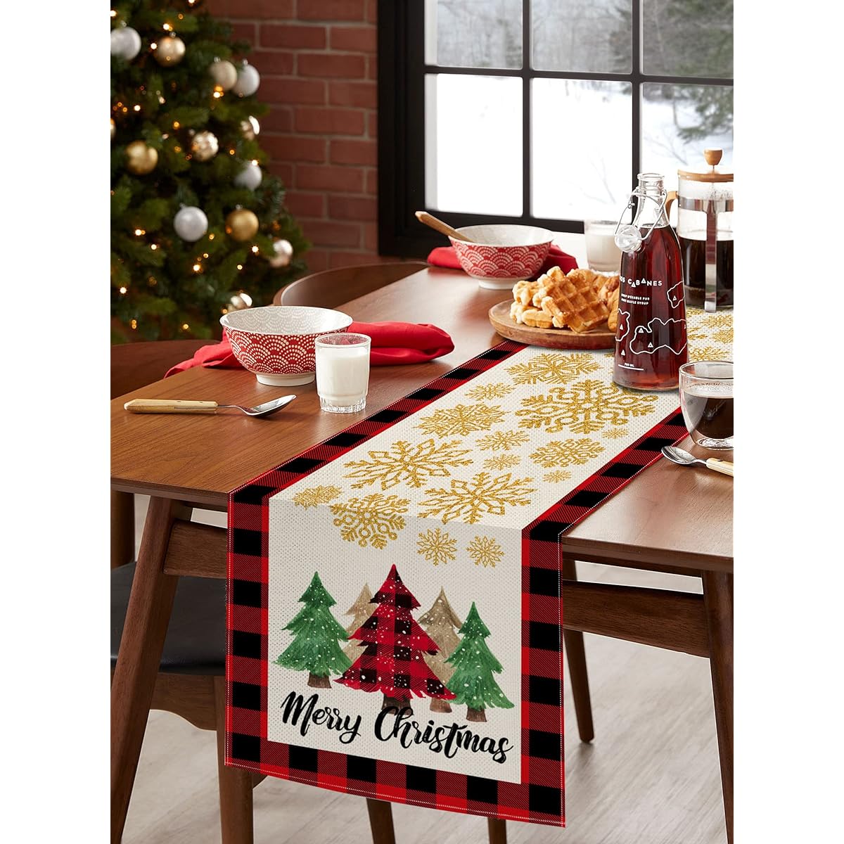 Ekorest Christmas Buffalo Check Table Runner 72 Inch Length Buffalo Check with Christmas Tree and Snowflakes Merry Christmas Table Runner for Farmhouse Kitchen Home Party Dining Coffee Table Decor