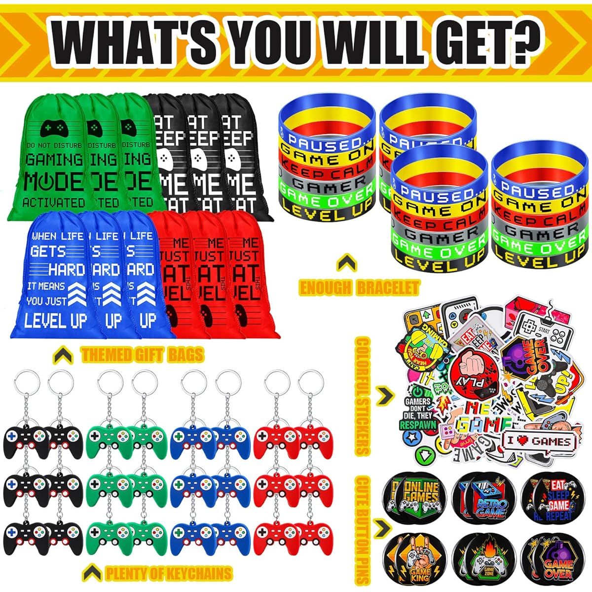 Video Game Party Favors Party Supplies Party Favor Bags with Drawstring Bracelets Video Game Controller Keychains Button Pins Game Stickers for Kids Gamer Birthday Decorations (244, Vivid Styles)