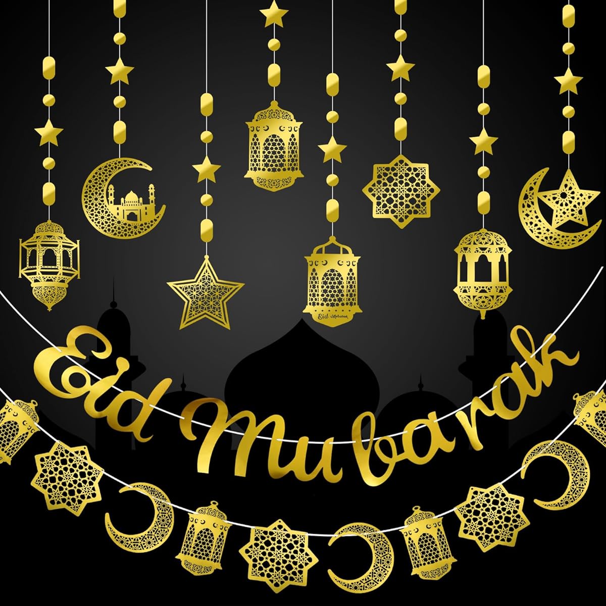 Panelee Ramadan Garland Eid Decoration Streamer Ramadan Mubarak Party Banner Star Moon Lantern Streamer Backdrop Glowing Wall Hanging Decoration Muslim Home Party Decor (Stylish)