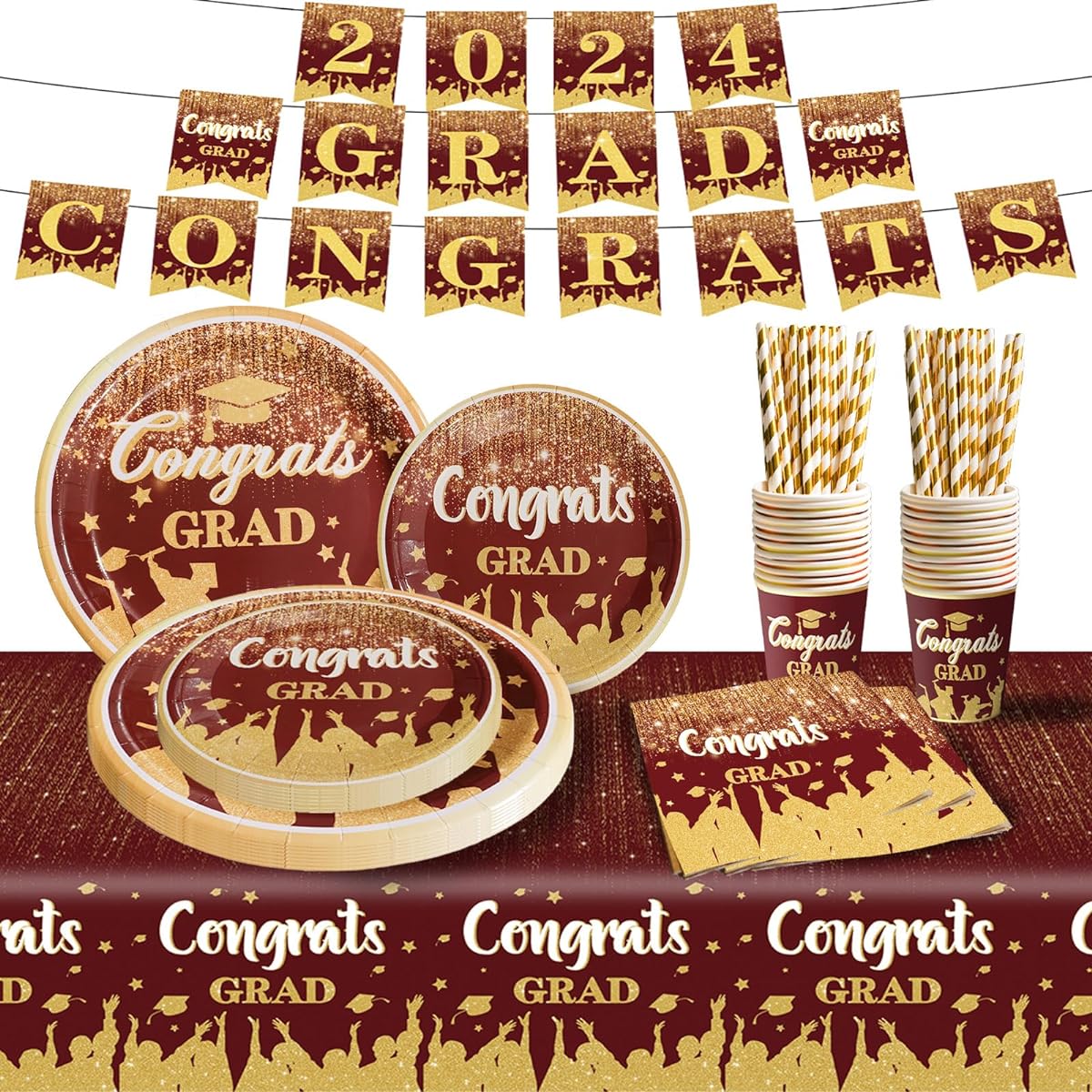 Congrats Grad Banner Graduation Decorations Class of 2024 Graduation Decorations Congratulations Graduation Graduation Plates and Napkins Graduation Party Decorations (Red)