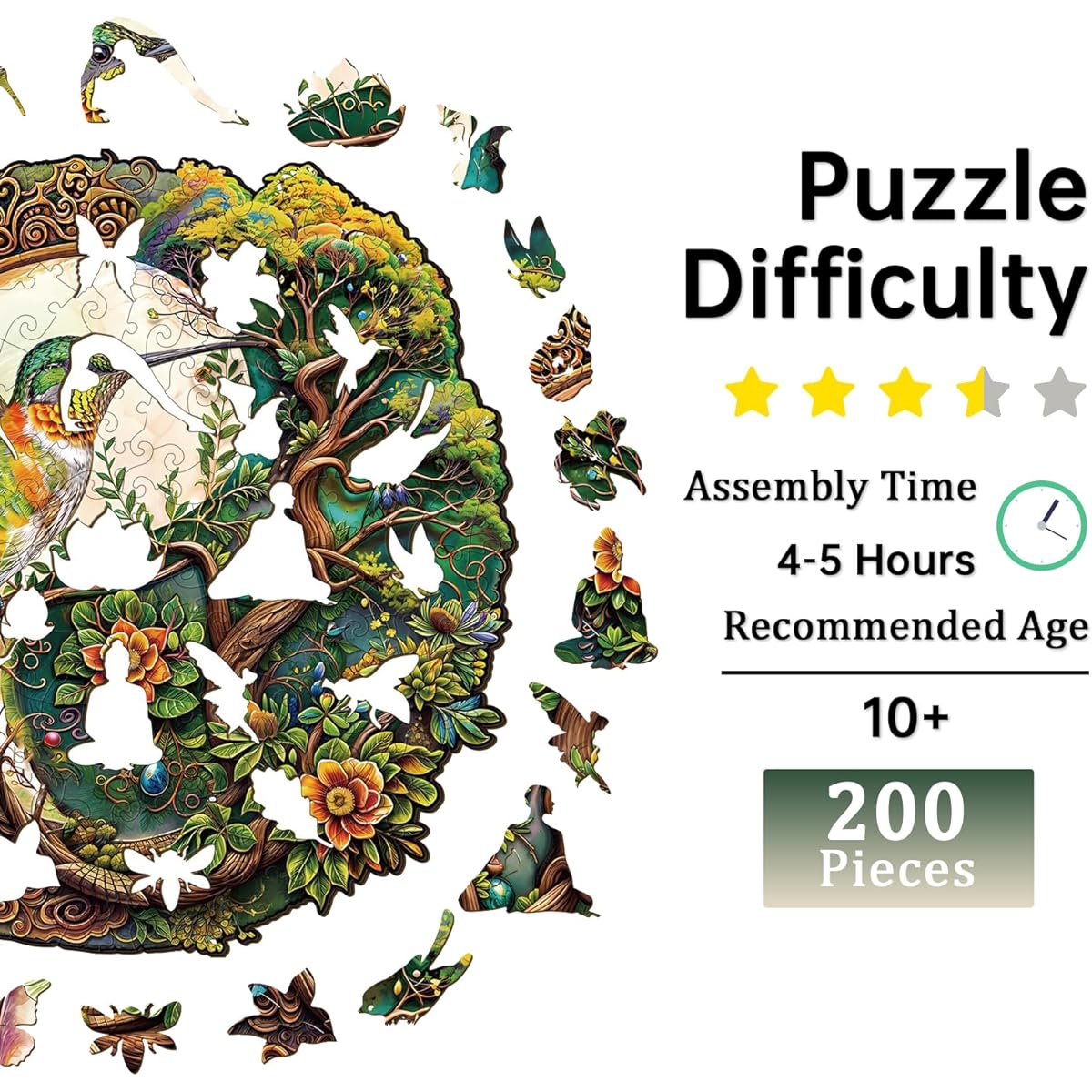 Jigfoxy Wooden Puzzle for Adults Yin Yang Hummingbird Wooden Jigsaw Puzzle for Adults Unique Animal Shape Wooden Puzzle Birthday Gift for Family and Friends (M-11.4 x 11 Inch-200 Pieces)