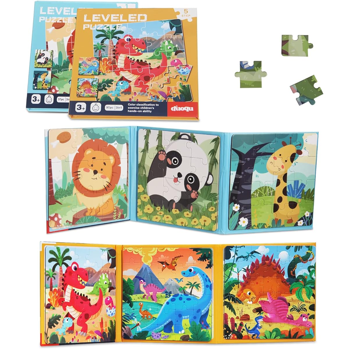 Magnetic Puzzles for Kids Ages 3, 4, 5, Set of 2 Dinosaur Puzzles, Wooden Jigsaw Puzzles, Magnetic Puzzles, Books, Premium Puzzles, Preschoolers, Animal Puzzles, Travel Puzzles, Books, Travel Toys, for Kids Ages 4-8