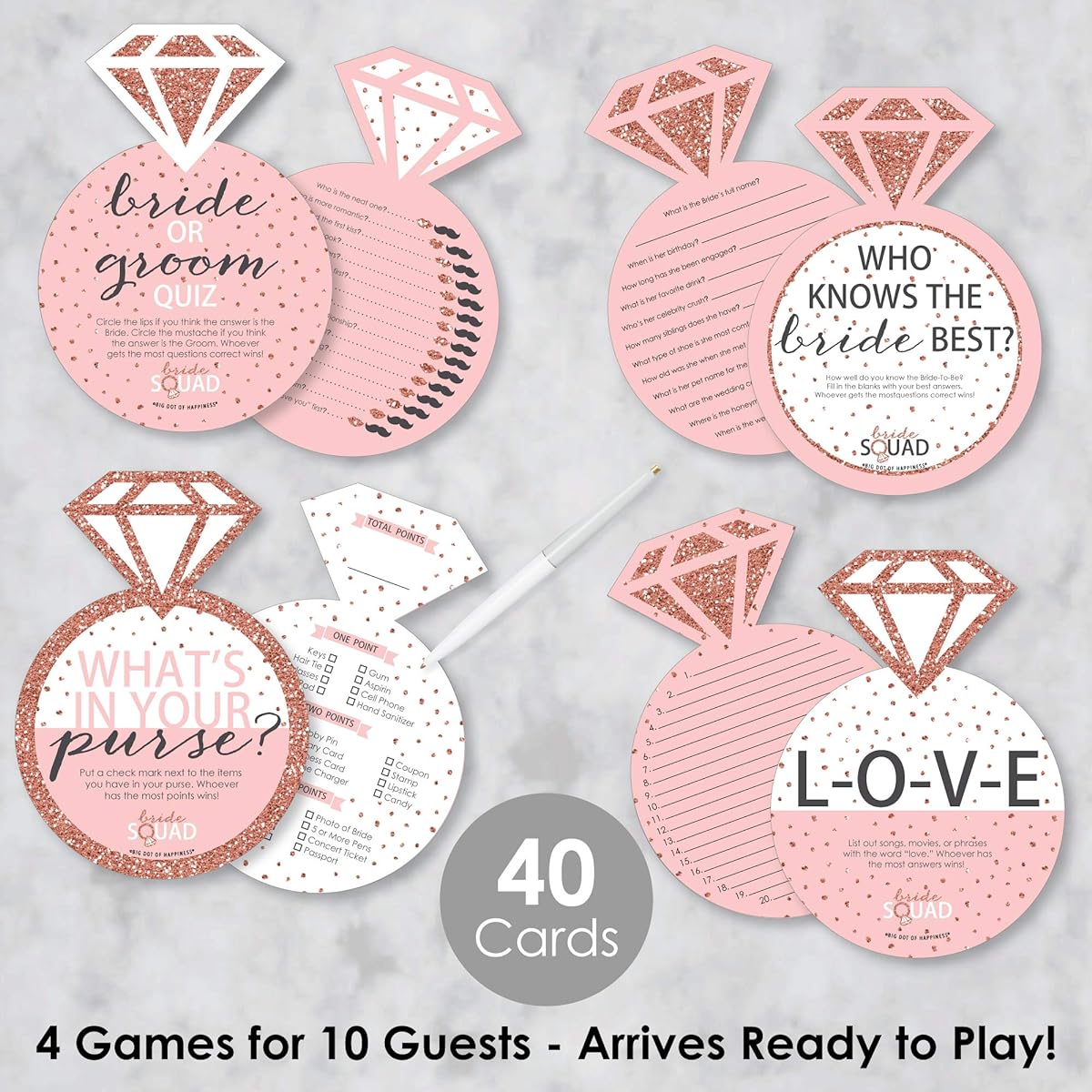 Big Dot of Happiness Bride Squad - Rose Gold Bridal Shower or Bachelorette Party Game - 10 Cards - Who Knows The Bride Best, Bride or Groom Quiz, What's in Your Purse and Love Gamerific Bundle
