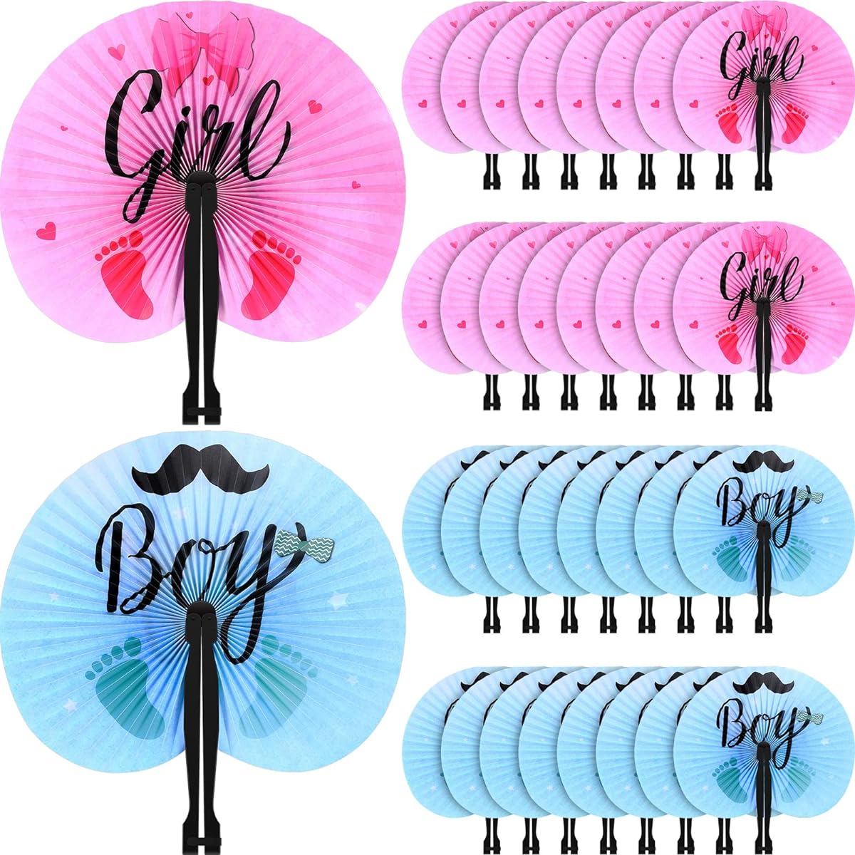 Taiyin 48 Pack Gender Reveal Decorations Paper Hand Fan Foldable Handheld Fan for Boys or Girls Gender Reveal Party Supplies Decorative Fan Baby Shower Gender Reveal Party Decorations