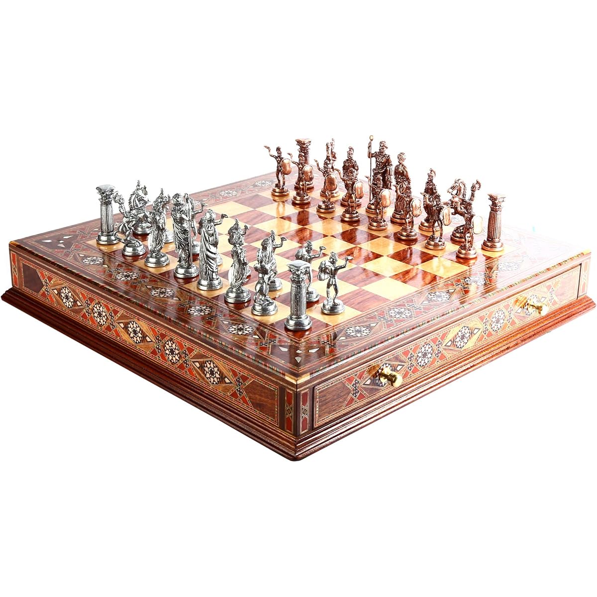 GiftHome Metal Chess Set for Adults, Historical Antique Copper Roman Figures, Handmade Pieces and Natural Solid Wood Chess Board, Original Pearls and Storage Around the Board, King 4 inc