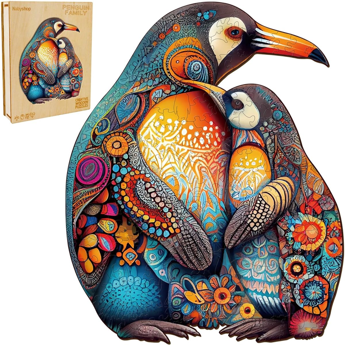 Wooden Puzzle for Adults and Kids 11.8 x 9.6 Inch Unique Colors and Shapes Wooden Puzzle Perfect for Family Games and Gifts (Penguin Family - 190 Pieces)