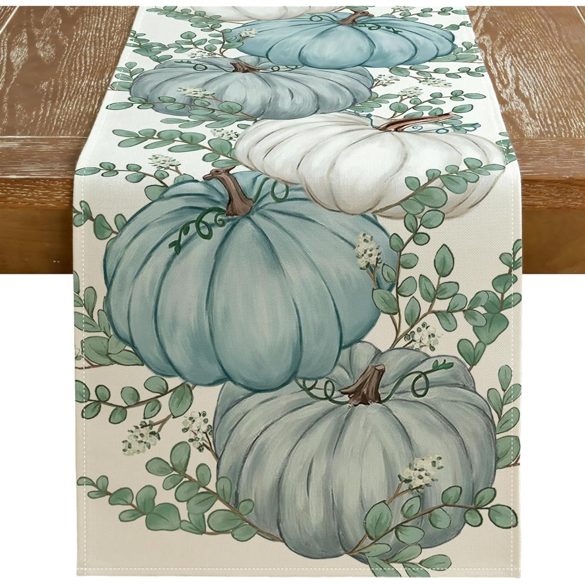 GEEORY Fall Table Runner 13x120 Inch Pumpkin Leaves Floral Farmhouse Table Decorations for Kitchen Dining Indoor Outdoor Dinner Party (Blue Pumpkin) GT110-120
