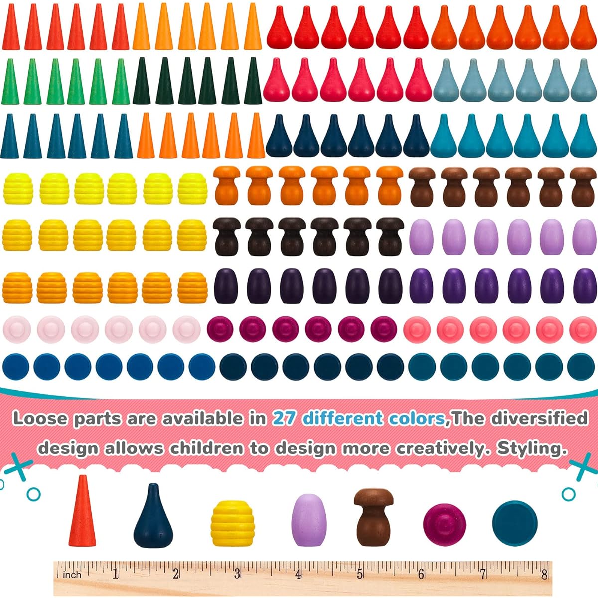 Loose Parts Play Material Set, Wooden Mandala Toy Kit, Wooden Sensory Play Toy, 27 Rainbow Colors, 7 Shapes, Loose Parts for Teen Students, Early Learning Materials (162)