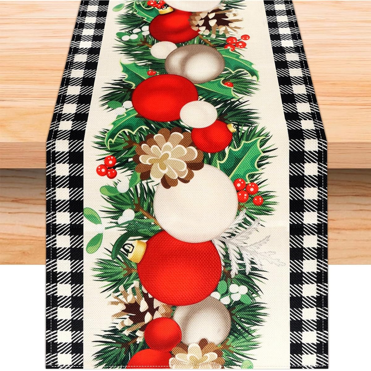 Ajmyonsp 72" Christmas Table Runner Linen Black and White Buffalo Check Plaid Christmas Ball Winter Table Runner Christmas Farmhouse Party Decorations Holiday Home Kitchen Dining Room Decor