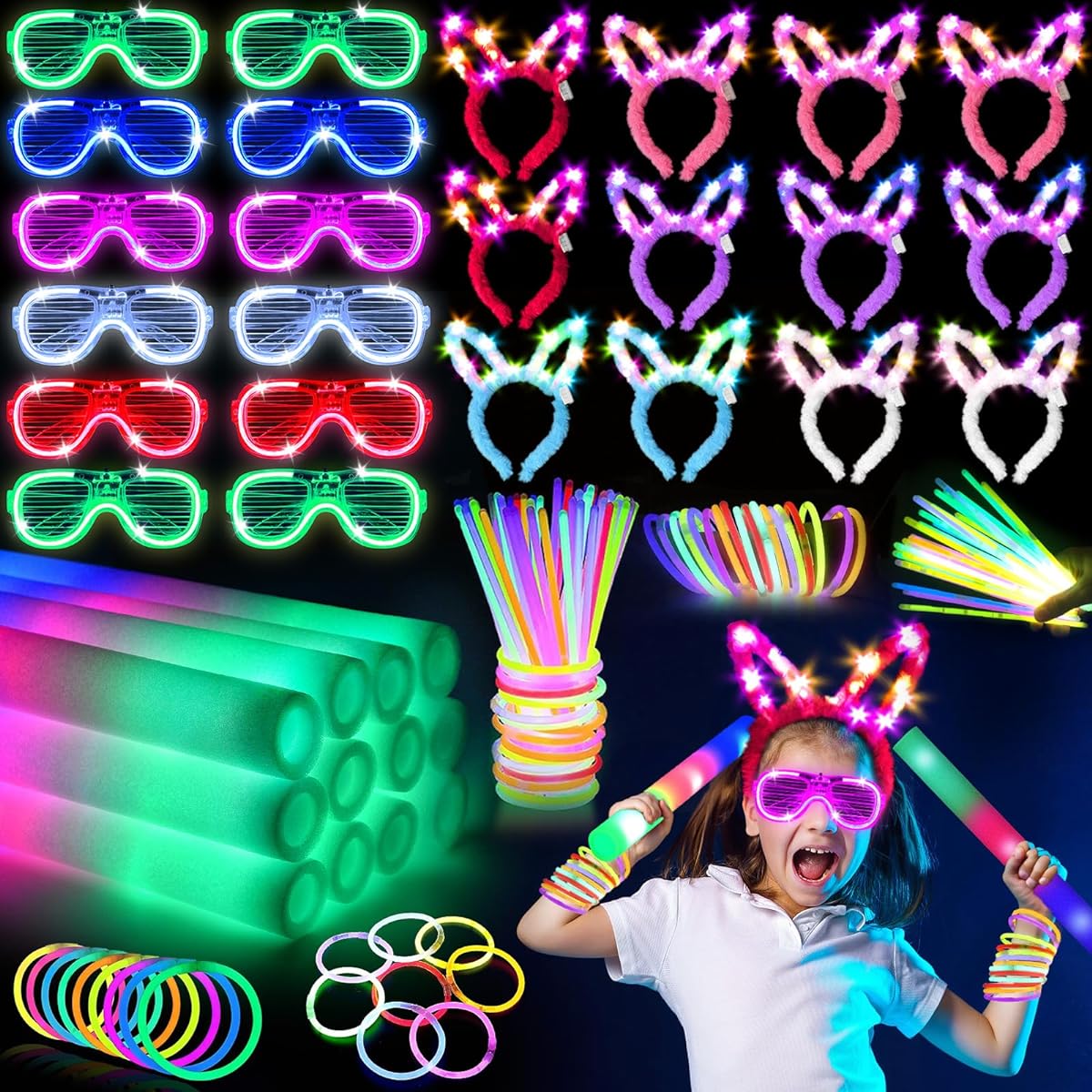 SHQDD 136pcs Glow in the Dark Party Supplies Halloween Party Favors, 12pcs 16" Foam Glow Sticks, 12pcs LED Glasses, 12pcs Bunny Ear Headbands, 100pcs Glow Sticks for Neon Party for Kids or Adults
