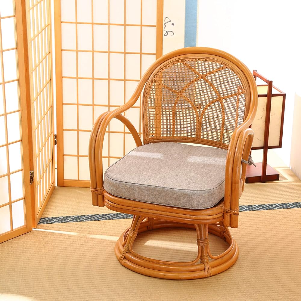 Fuji Boeki Chair Rattan Chair Rotatable Width 52 x Depth 54 x Height 69cm Natural Rattan with Arms Seat Height 33cm Finished Product 85341