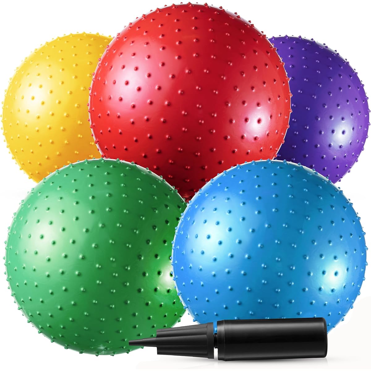 Bedwina Big Nobby Balls (5 Pack) 18" Fun Bouncy Balls for Toddlers and Kids, Hand Air Pump, Tactile Sensory Balls, Spiky Stress Balls, Fidget Toys, Great Party Favors