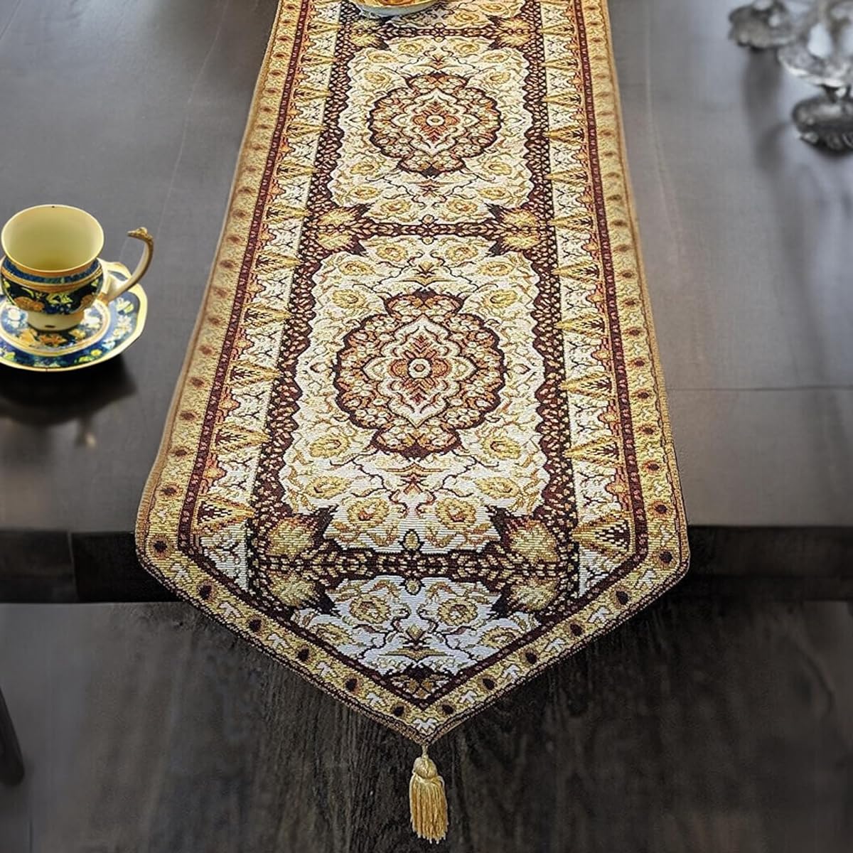 DaDa Bedding Elegant Tapestry Table Runner - Intricate Royal Persian Rug Golden Luxurious - Decorative Floral Damask Cotton Linen Woven Dining Mat - 13" x 90"