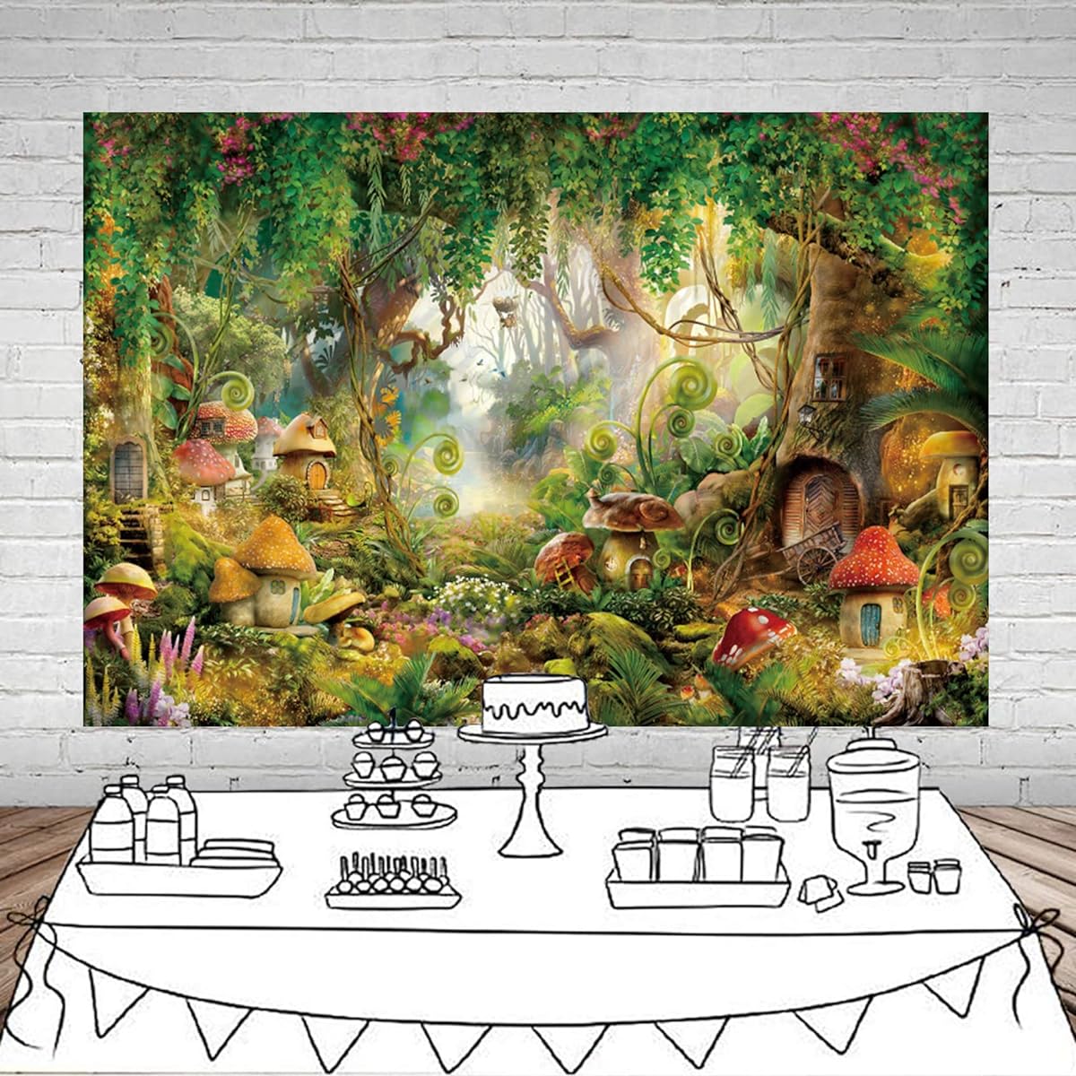 10x8ft Spring Magical Forest Backdrop Large Jungle Trees Vines Mushrooms Wonderland Decor Enchanted World of Misty Greenery Photography Background Girls Birthday Party Banner