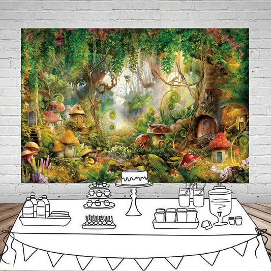 10x8ft Spring Magical Forest Backdrop Large Jungle Trees Vines Mushrooms Wonderland Decor Enchanted World of Misty Greenery Photography Background Girls Birthday Party Banner