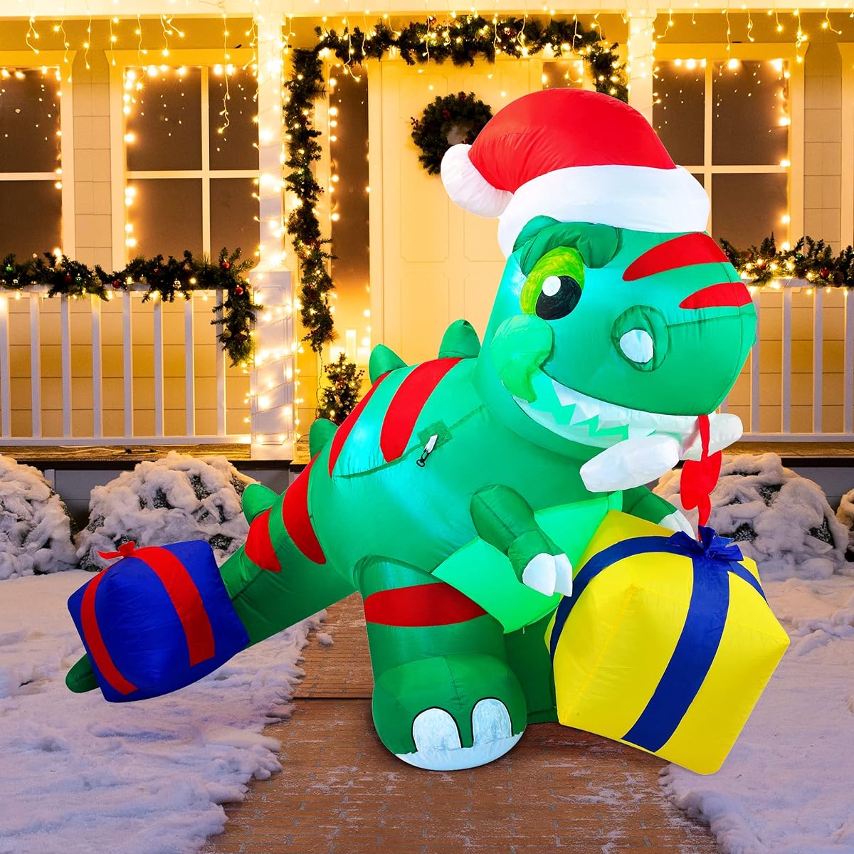 Joiedomi 6ft Dinosaur Christmas Inflatable Decoration Dino Christmas Inflatable with Built-in LED Inflatable Christmas Party Indoor Outdoor Yard Garden Lawn Winter Decoration