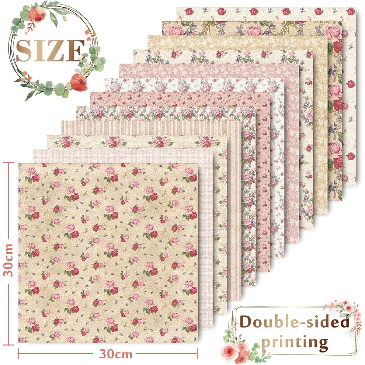 Whaline 12 Designs Spring Pattern Paper, 24 Sheets Rose Floral Scrapbook Paper Pink Double Sided Collection Decorative Craft Paper Folds Flat for Card Making Scrapbooking Photo Album Decoration 30 x 30cm