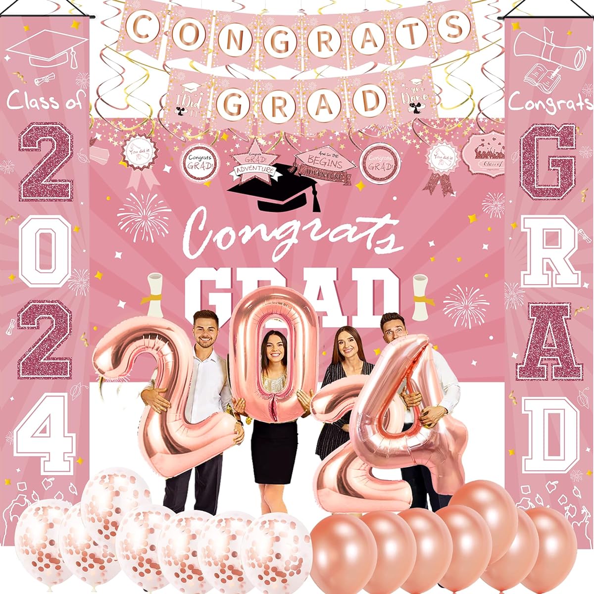 HIPEEWO Graduation 2022 Decorations - Graduation Party Supplies 2022 Banner Backdrop Porch Sign Balloons Hanging Swirls for High School Graduation Party Decorations (Rose Gold)