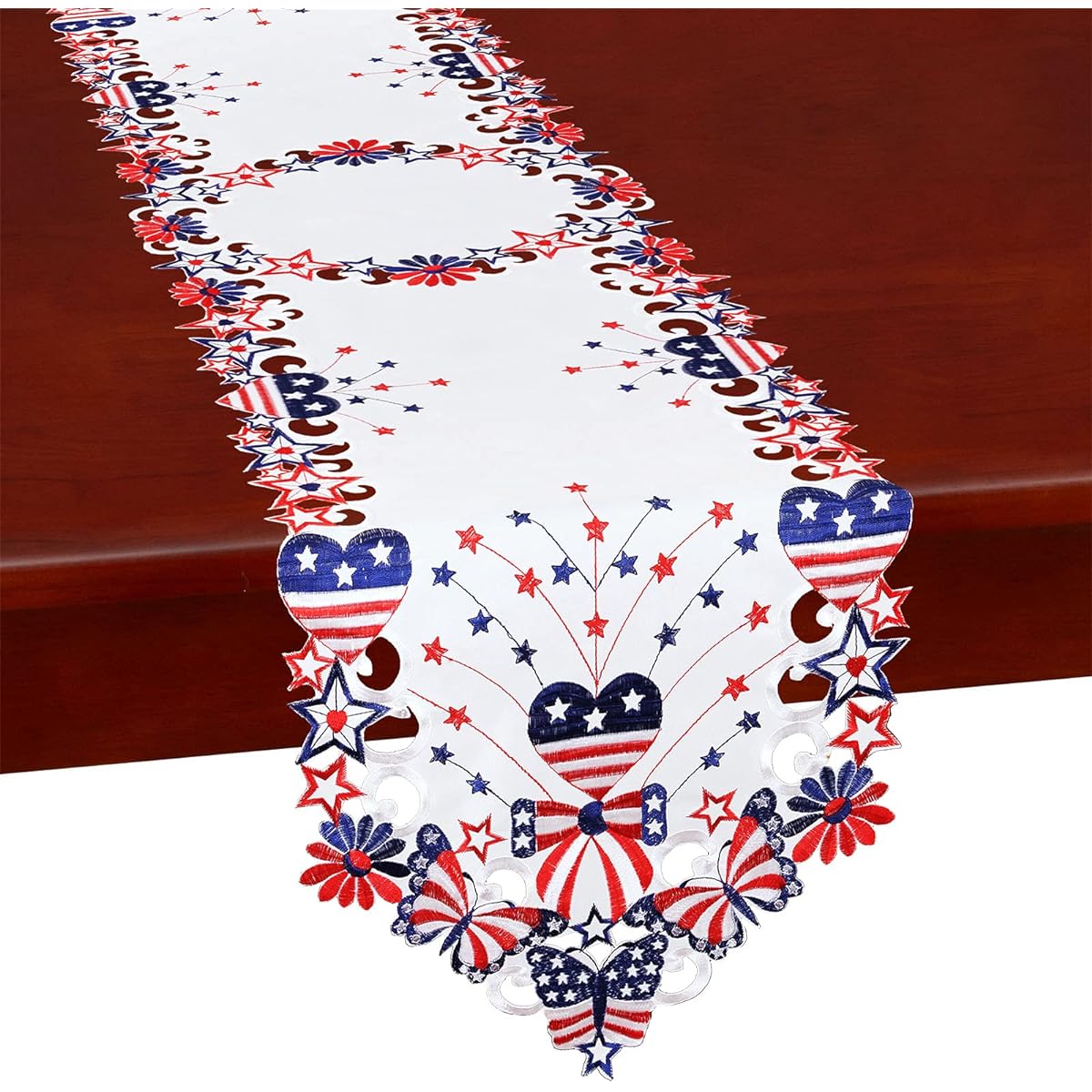 Simhomsen 4th of July Holiday Patriotic Table Runner American Independence Day Memorial Day Embroidered Stars and Butterflies (14" x 90")