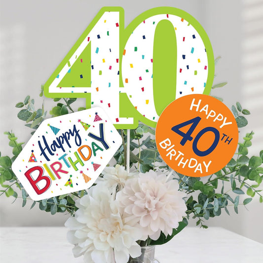 40th Birthday - Cheerful Happy Birthday - Colorful Cross Birthday Party Centerpiece Sticks - Table Topper - Set of 15