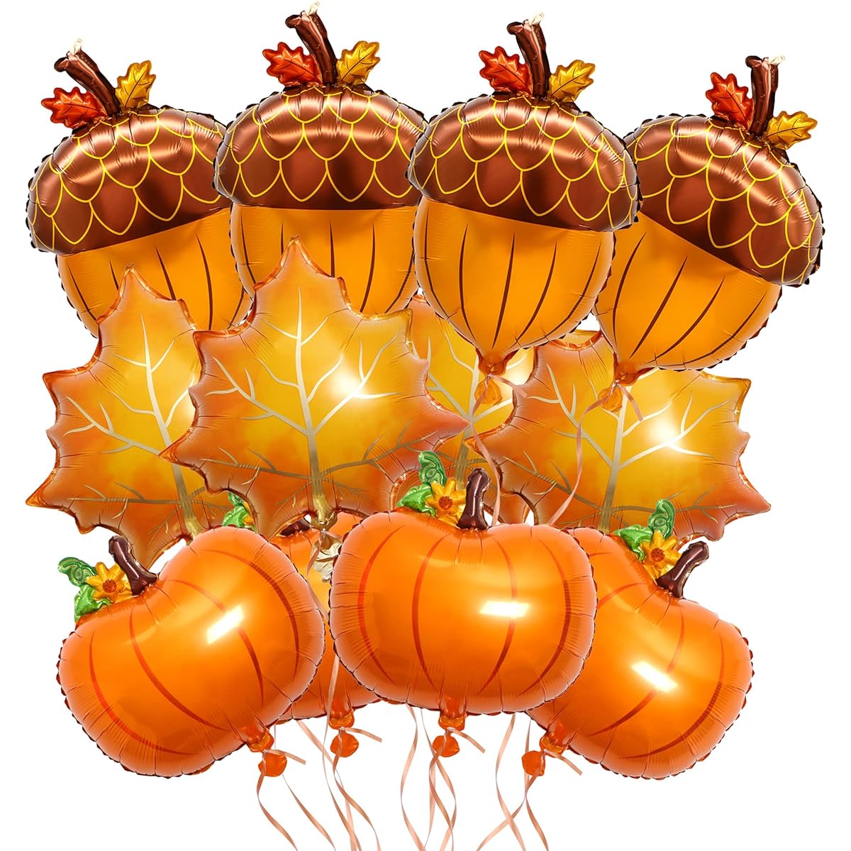 Set of 12 Foil Balloons Thanksgiving Party Balloons Large Pumpkin Leaves Orange Decorative Balloons with Ribbon for Fall Harvest Birthday Party Favors Home Decoration
