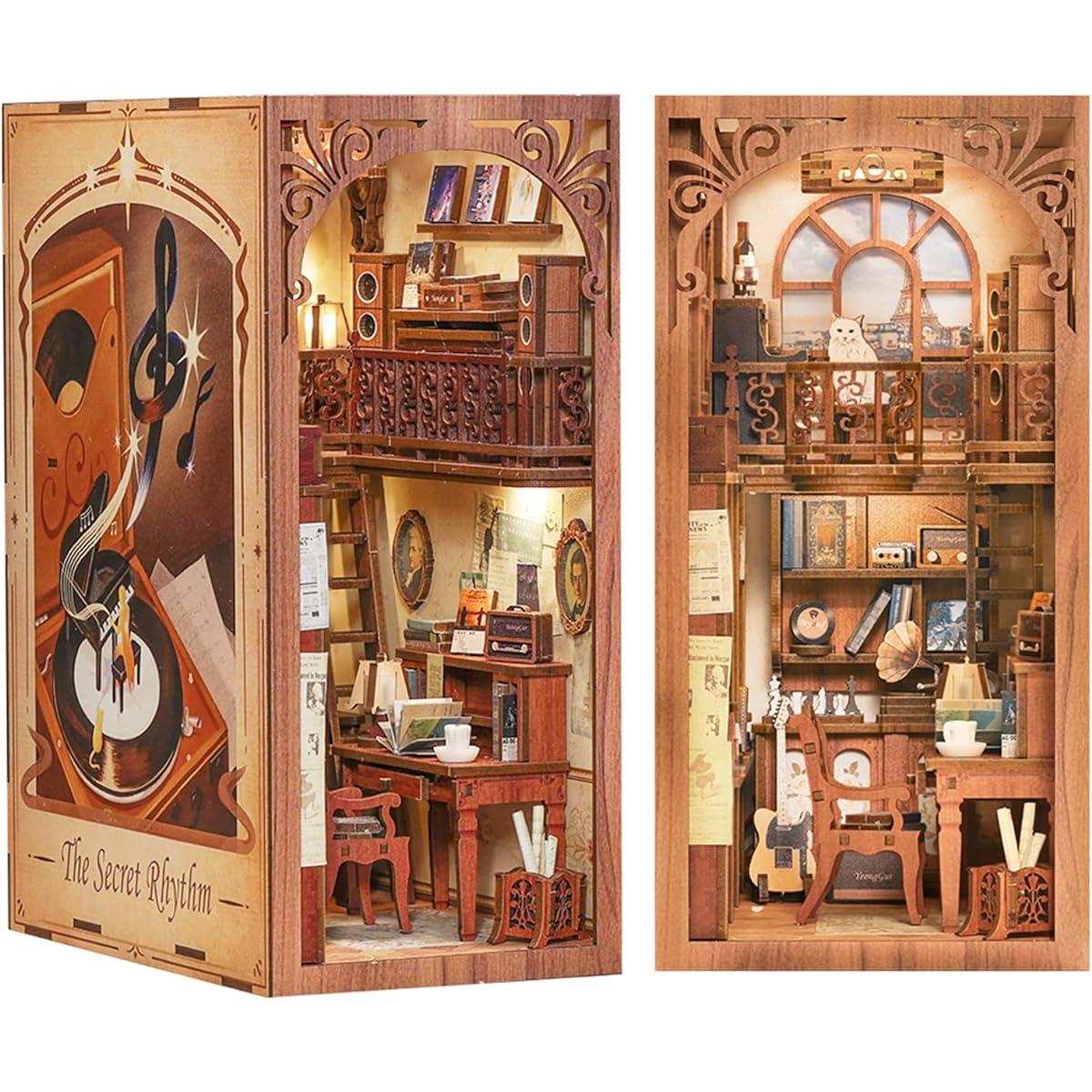CuteBee - Book Nook Kit DIY Wooden Puzzle Dollhouse LED Switching Light Miniature House Handmade Kit Can be done alone by beginners and junior high school students Perfect gift Mini World Book Stand included Official sales product (Ongaku Kobo)