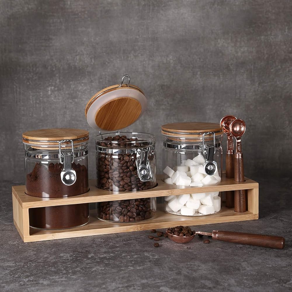 KKC Canister Glass 800ML Cocoa Powder, Seasonings and Dry Goods, Instant Coffee, Coffee Beans, Sugar, Tea, Coffee, Yeast Seeds, Barley Tea, Tea Storage Container, Sealed Bottle, Storage Bottle, Spoon Included, Set of 3