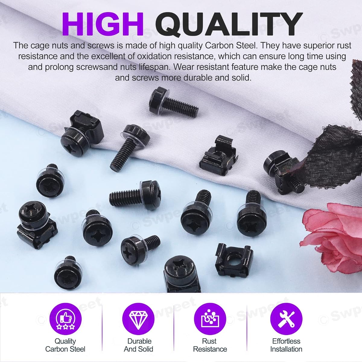 Swpeet 80 Pack 4 Sizes M5 M6 Black Computer Mount Cage Nuts and Screws Metal & Plastic Washers Assortment Kit Square Hole Hardware Cage Nuts & Mounting Screw Washers