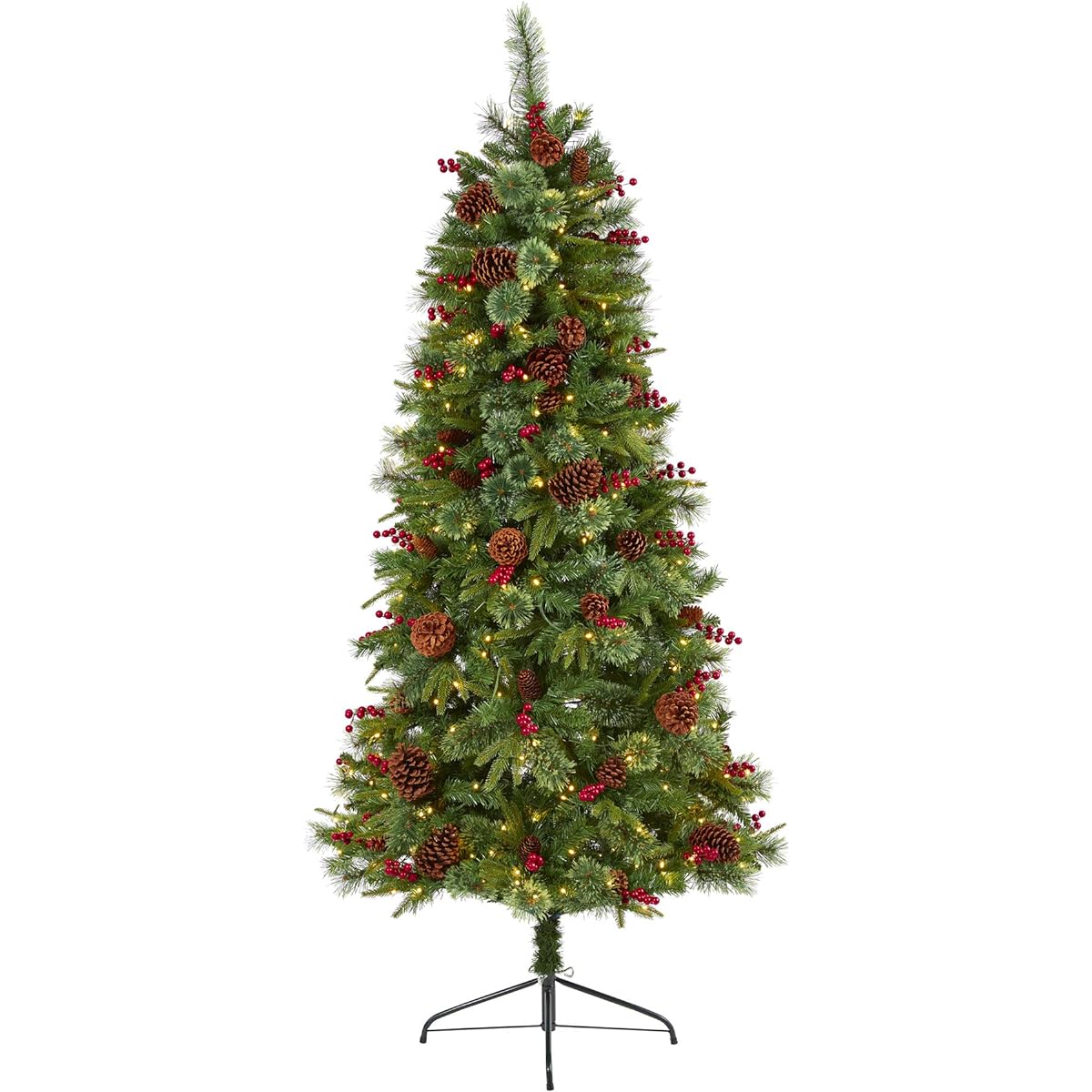 Nearly Natural 6.5' Norwegian Mixed Pine Artificial Christmas Tree with 350 Clear LED Lights, Pine Cones and Berries, Green