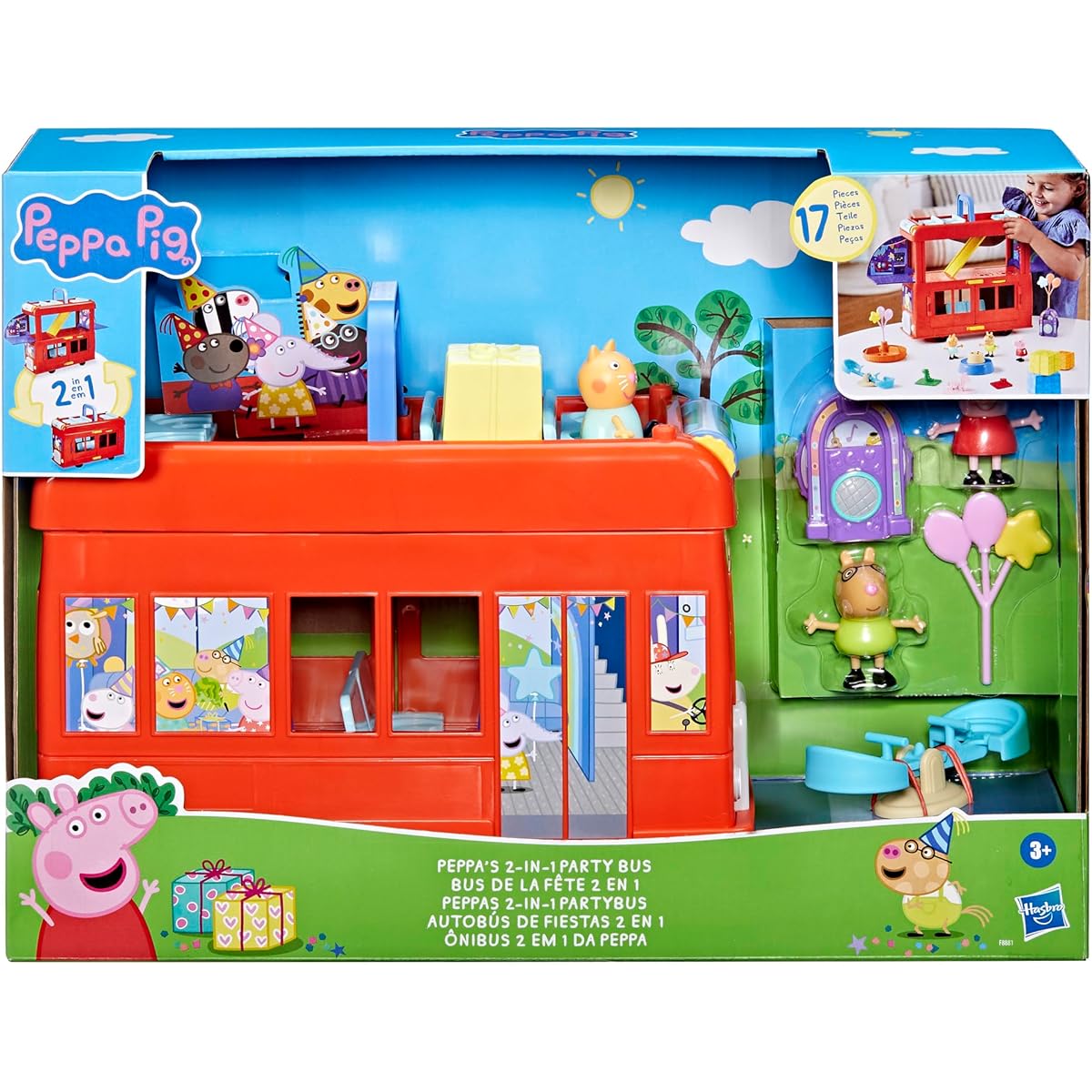 Peppa Pig 2-in-1 Party Bus Playset with 3 Figures and 13 Accessories - Preschool Toys for Girls and Boys Ages 3+