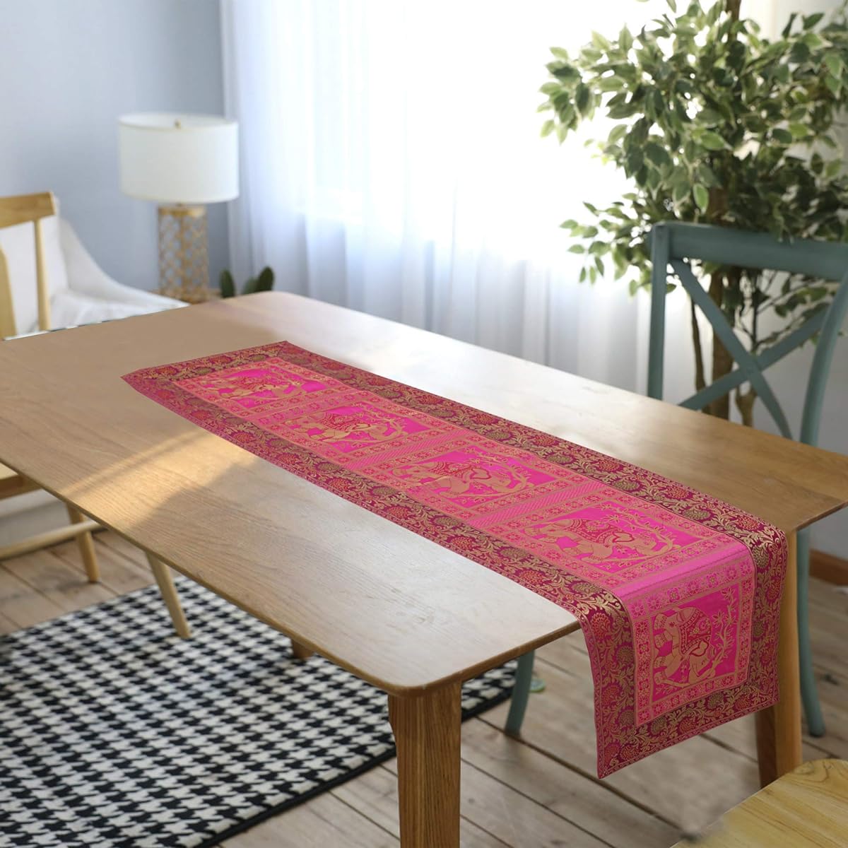 Rajwada Fashion Handmade Table Runner Elephant Design Embroidered Silk Ethnic Runner Indian Patchwork Table and Home Decor for Any Occasion (Pink) (60X16)