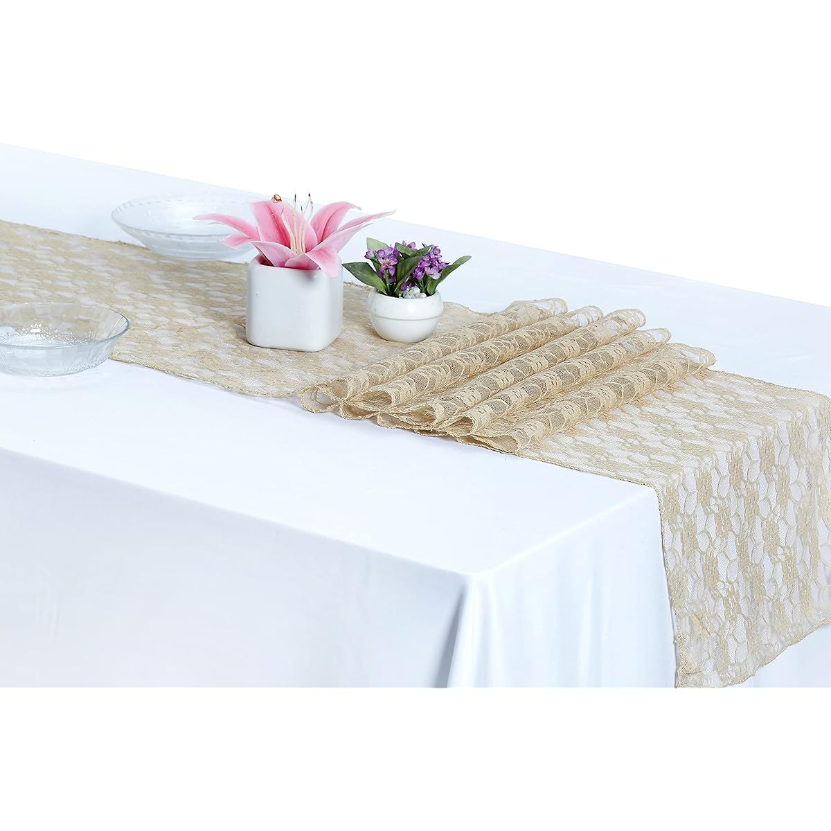 MDS 25 Pack Wedding 12 x 108 Inch Lace Table Runner Wedding Banquet Decoration Lace Table Runner 25 25_lace runner_ Champagne Gold