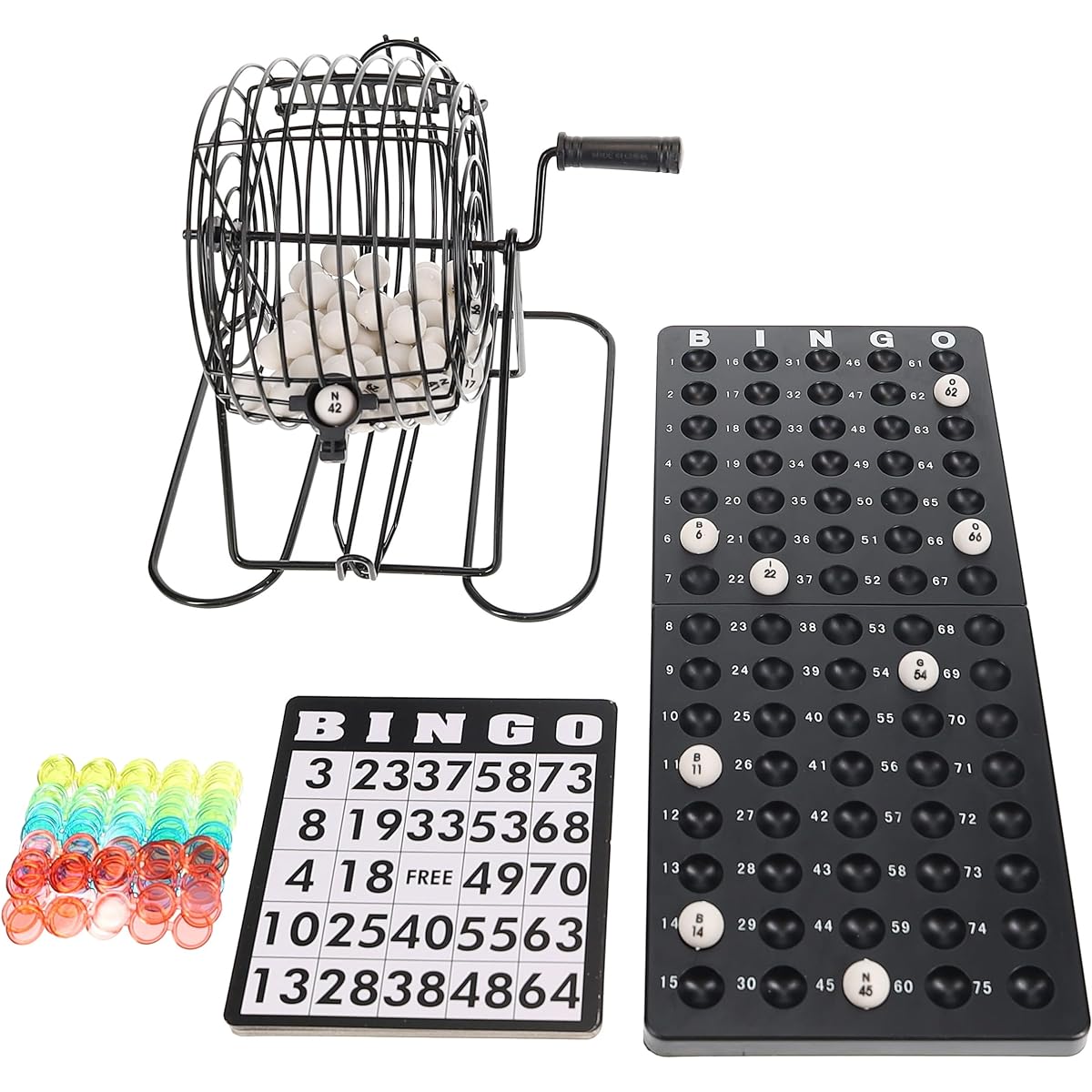 WE Games Grand Bingo Set - 8" Black Metal Cage, Plastic Balls and Holders, Reusable Cards, Plastic Markers