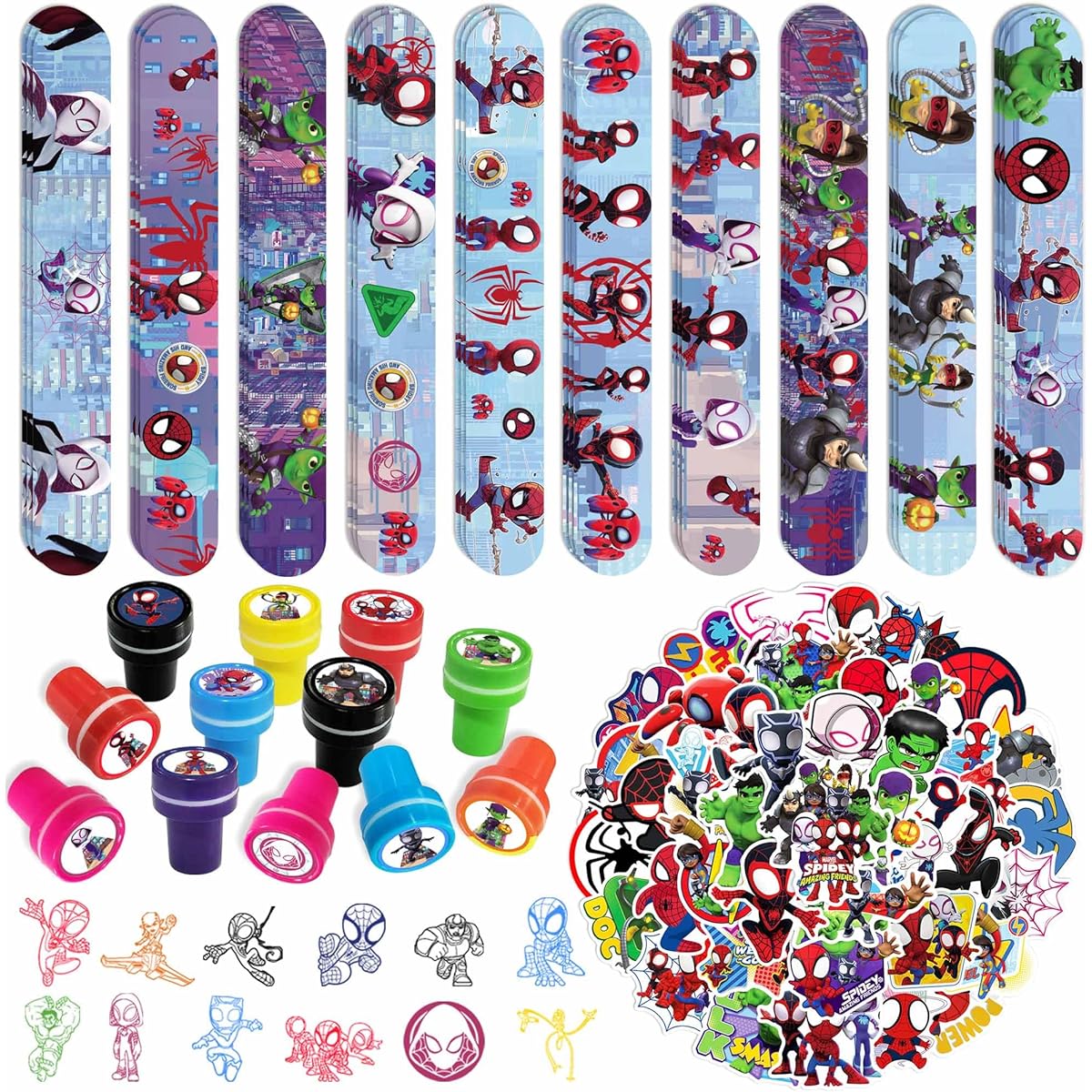 92 Pieces Friend Birthday Decorations Slap Bracelets Themed Stamps and Stickers for Classroom Rewards Prizes Themed Party