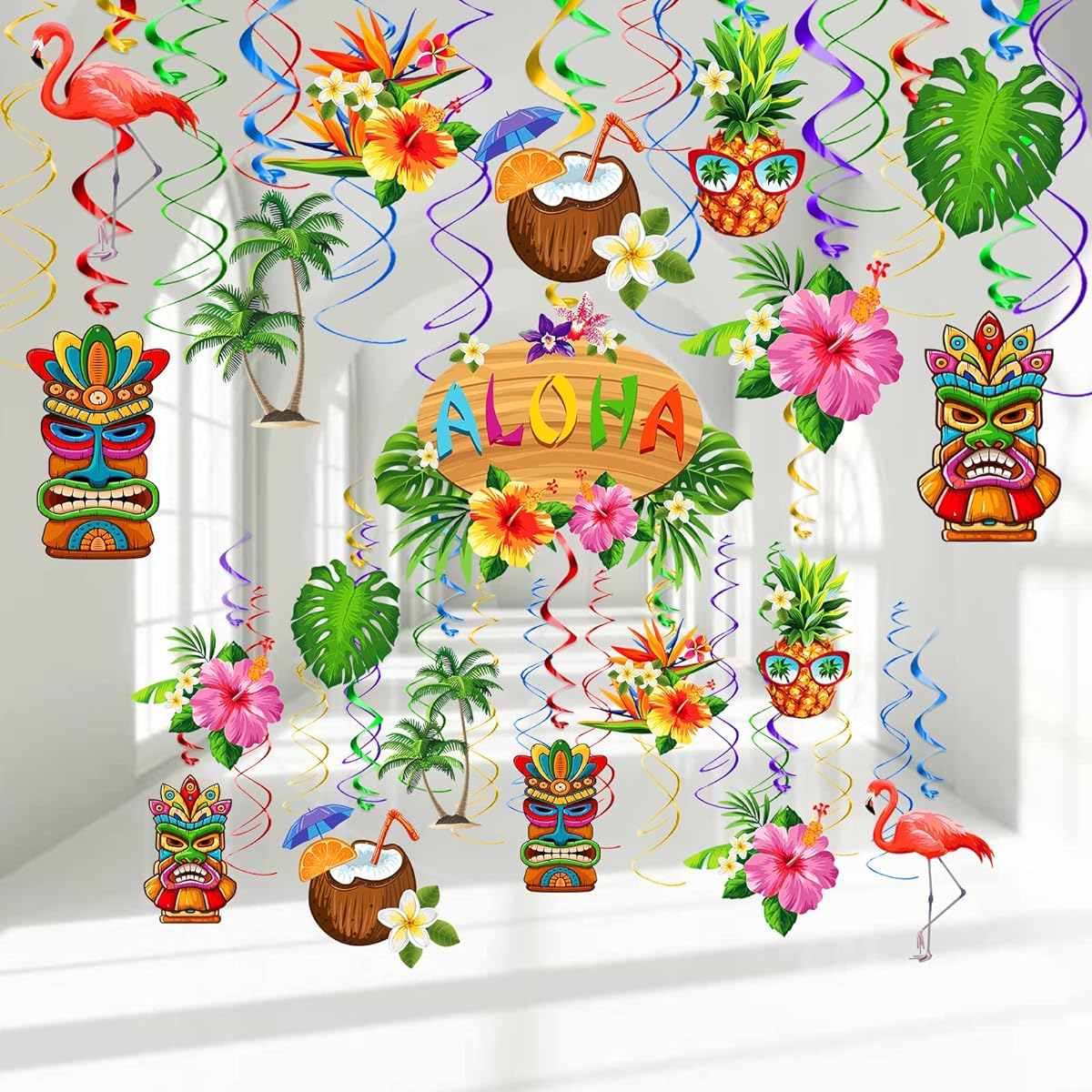 Friday Night Luau Birthday Party Hanging Swirl Decorations Tropical Flower Palm Flamingo Sign Foil Ceiling Decor Floral Tropical Party Summer Beach Pool Party Tiki Party Supplies 36pcs
