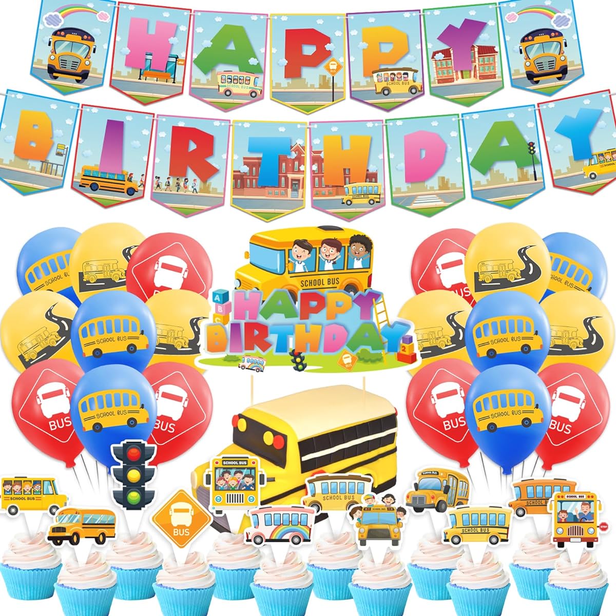 School Bus Birthday Party Decorations, School Bus Party Supplies, School Bus Happy Birthday Banner, Cake Cupcake Toppers, Balloons, School Bus Party Favors, Back to School Party Supplies