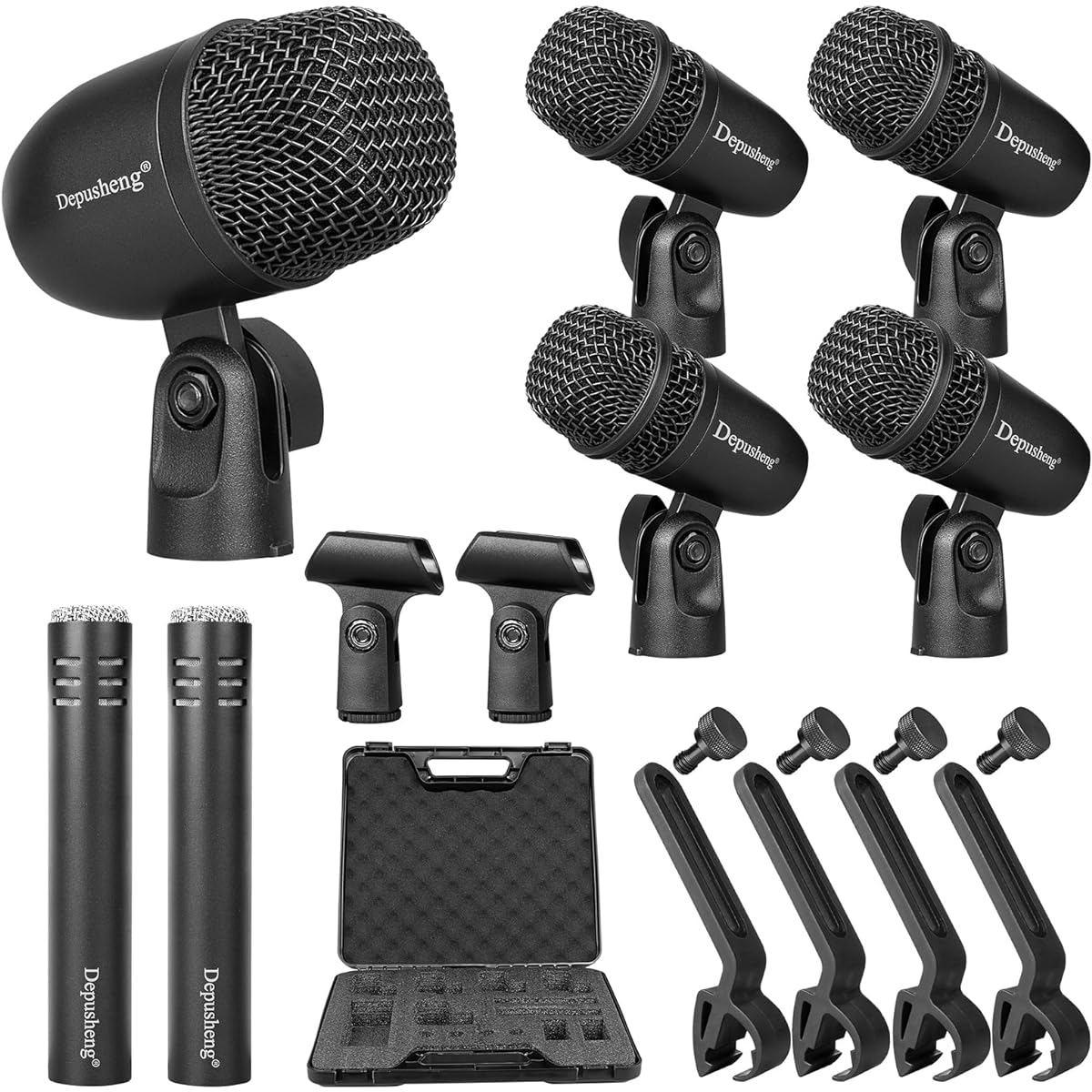 Depusheng 7 Pieces Wired Dynamic Drum Microphone Kit (Whole Metal) Kick Bass Tom/Snare Cymbal Mic for Drums/Vocals and Other Instruments with Thread Clip 7 On-Stage Audio Cable