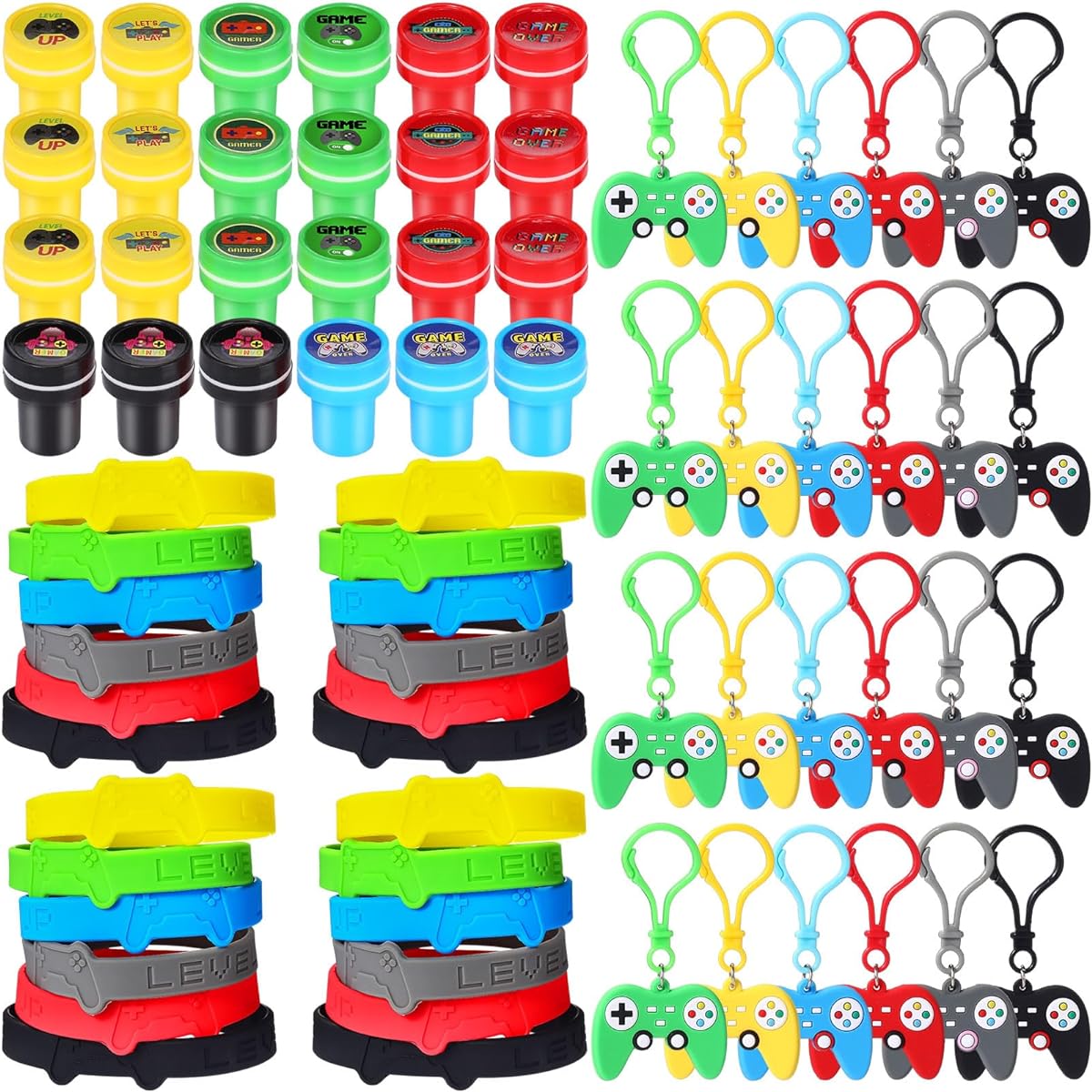 Skylety 72pcs Video Game Party Favors Set, Rubber Bracelet Stamps, Video Game Acrylic Lobster Keychains, Gamer Birthday Party Favors Supplies, Gift Bag Stuffers for Kids