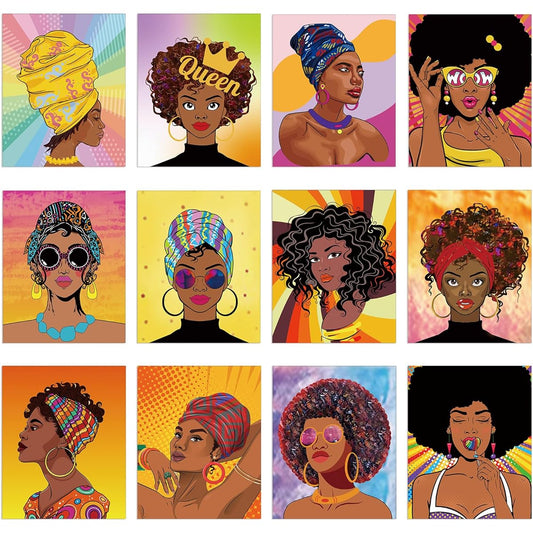 Ctosree 12 Pieces Pre-Printed Canvas Pre-Drawn Canvas Afro Queen Painting Party Set 8" x 10" Canvas Painting for DIY Paint Party Favor