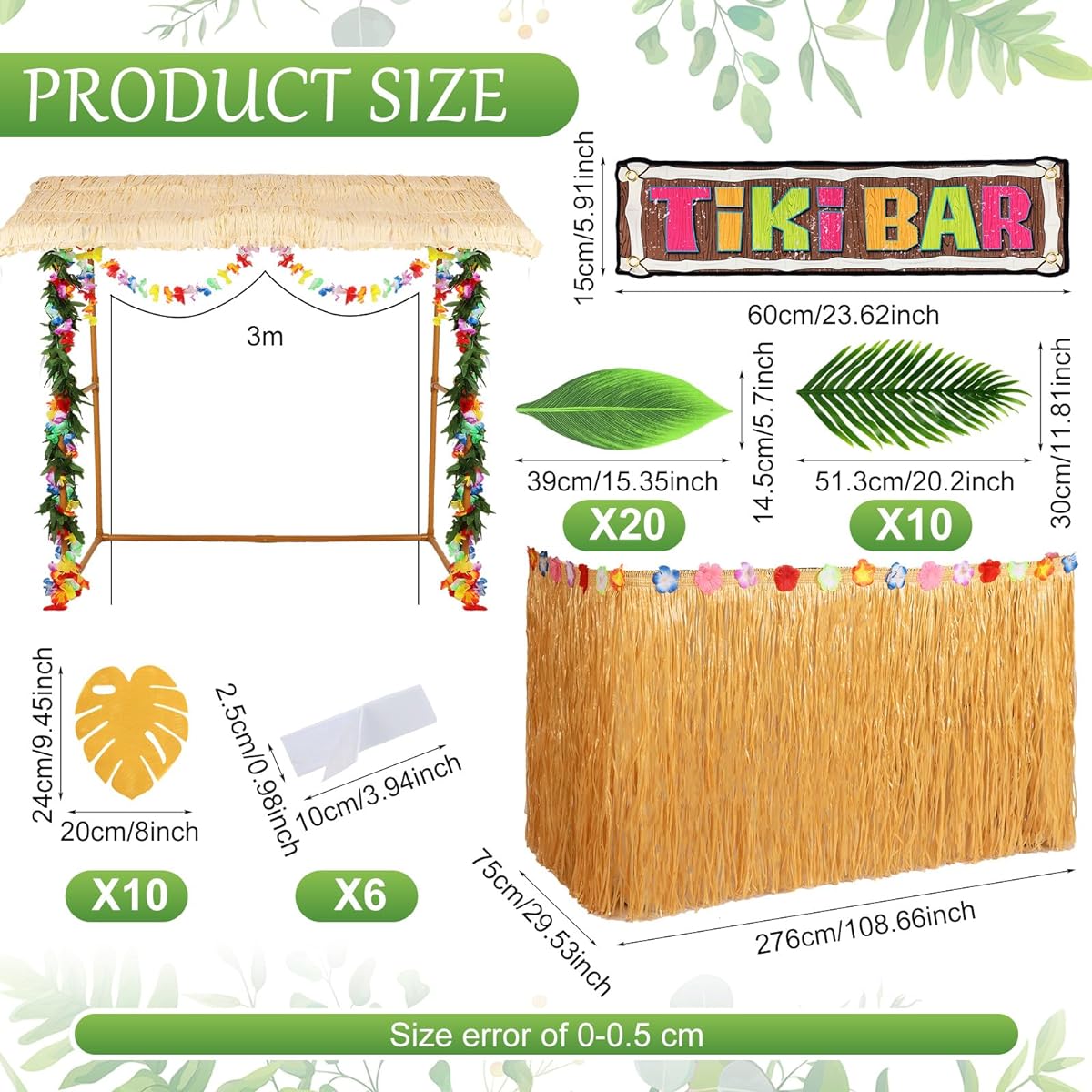 Tiki Bar Hat Set, 45 Piece Tropical Tabletop Hut, Tiki Bar Roof, Hawaiian Grass, Table Skirt Decorations, Hibiscus Garland, Tiki Bar Banner, Tropical Palm Leaves, Pool, Beach, Hawaiian Party, Bar Decor
