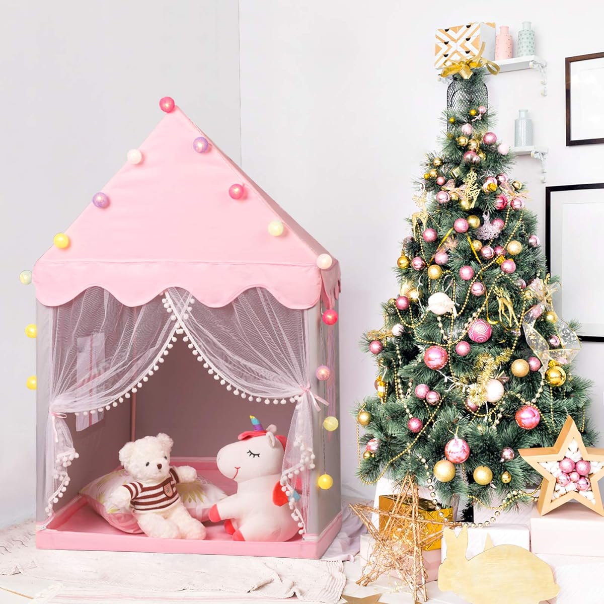 ACSTEP Kids Tent with Mat & Light String, Princess Tent for Girls, Kids Tent Indoor Playhouse, Princess Castle Tent, Fairy Tent, Large Playhouse, Christmas Birthday Gift, 32.7" Long, 49.6" Wide, Pink