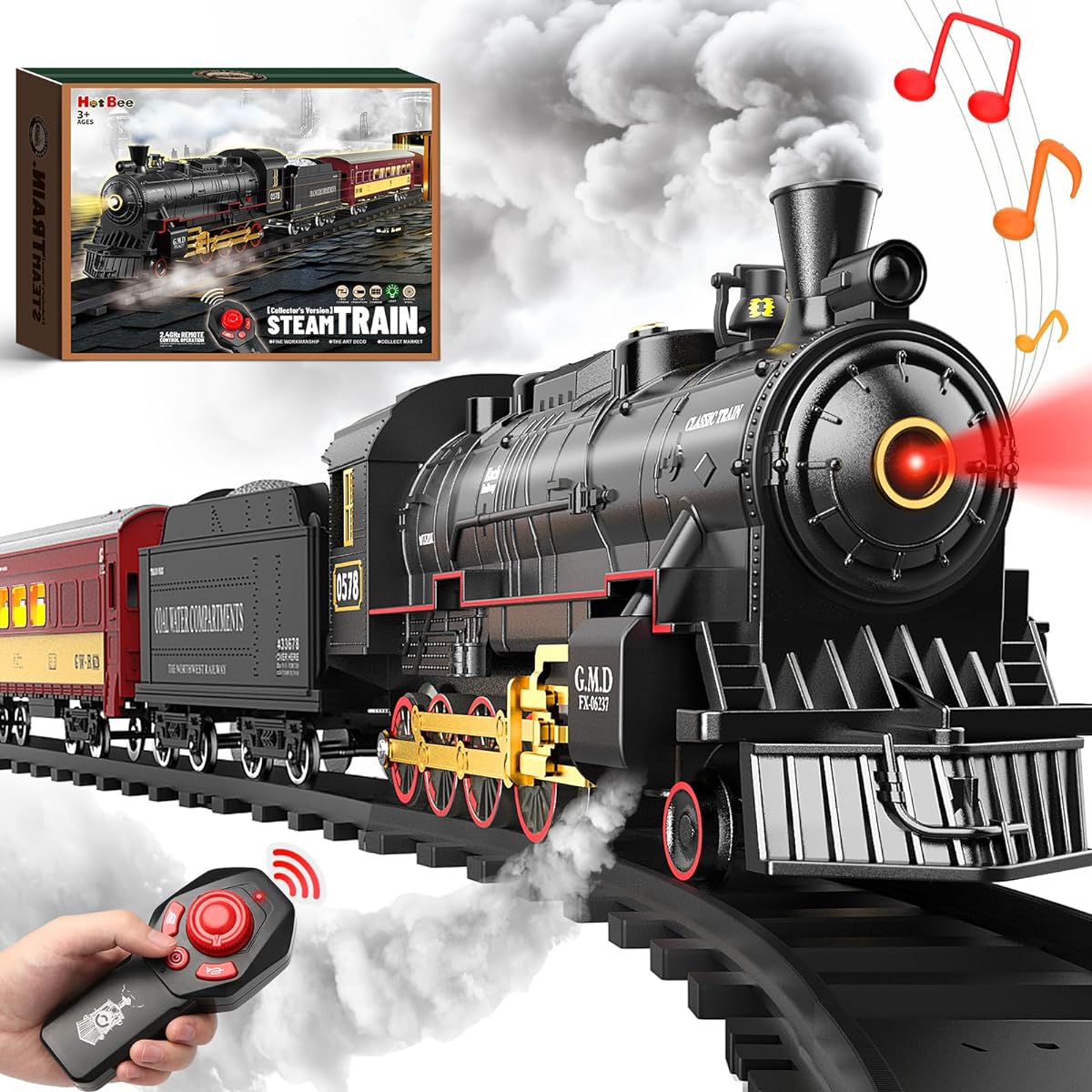 Hot Bee Train Set for Boys Remote Control Christmas Train Set with Steam Locomotive, Cars & Tracks, Smoke, Whistles & Lights, Christmas Toy Gift for Kids Ages 3 4 5 6 7 8+, Remote Control Train
