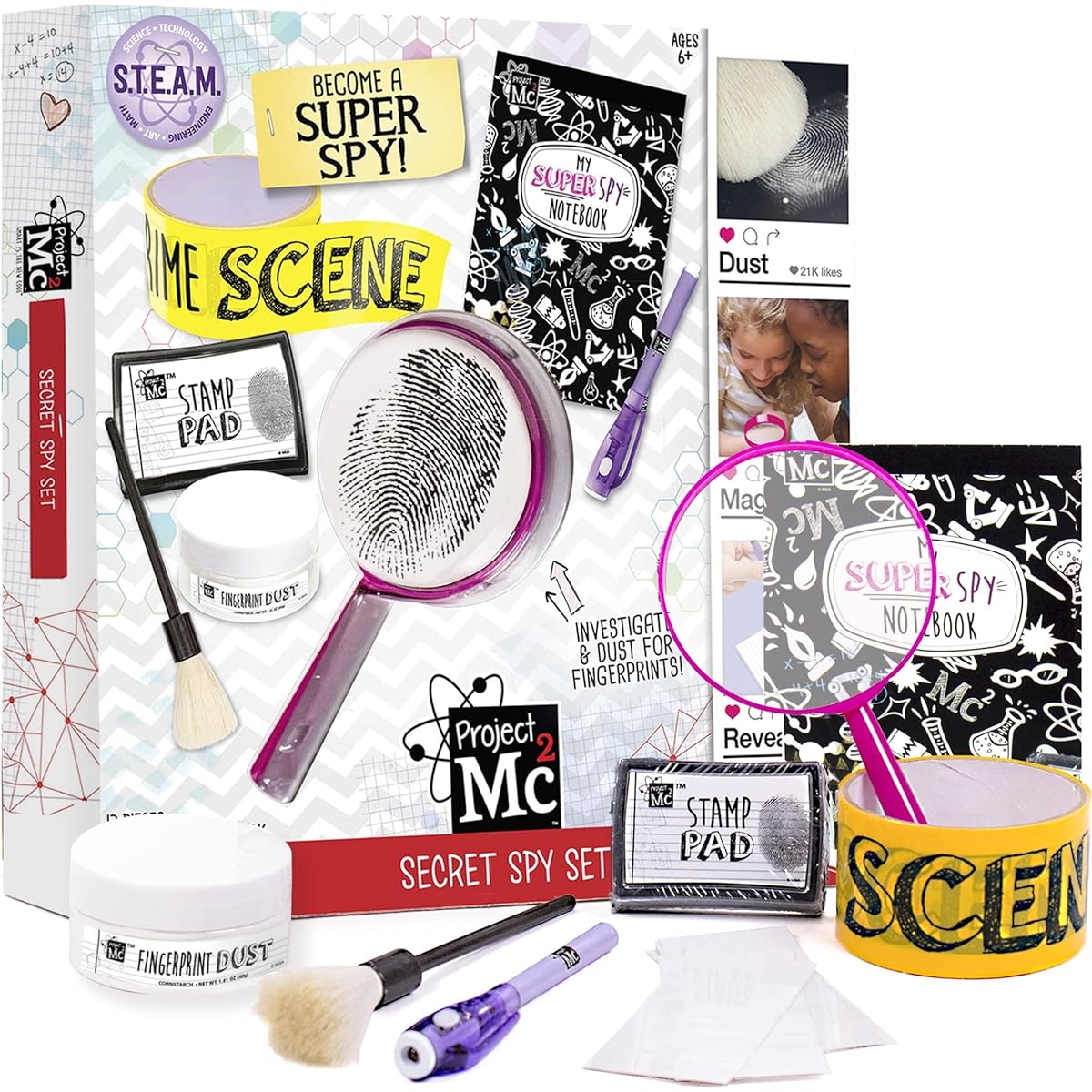 Project MC2 Pretend Play Super Spy Gear STEM Science Kit with Detective Fingerprint ID, Crime Scene Tape, Magnifying Glass, Spy Notebook and More